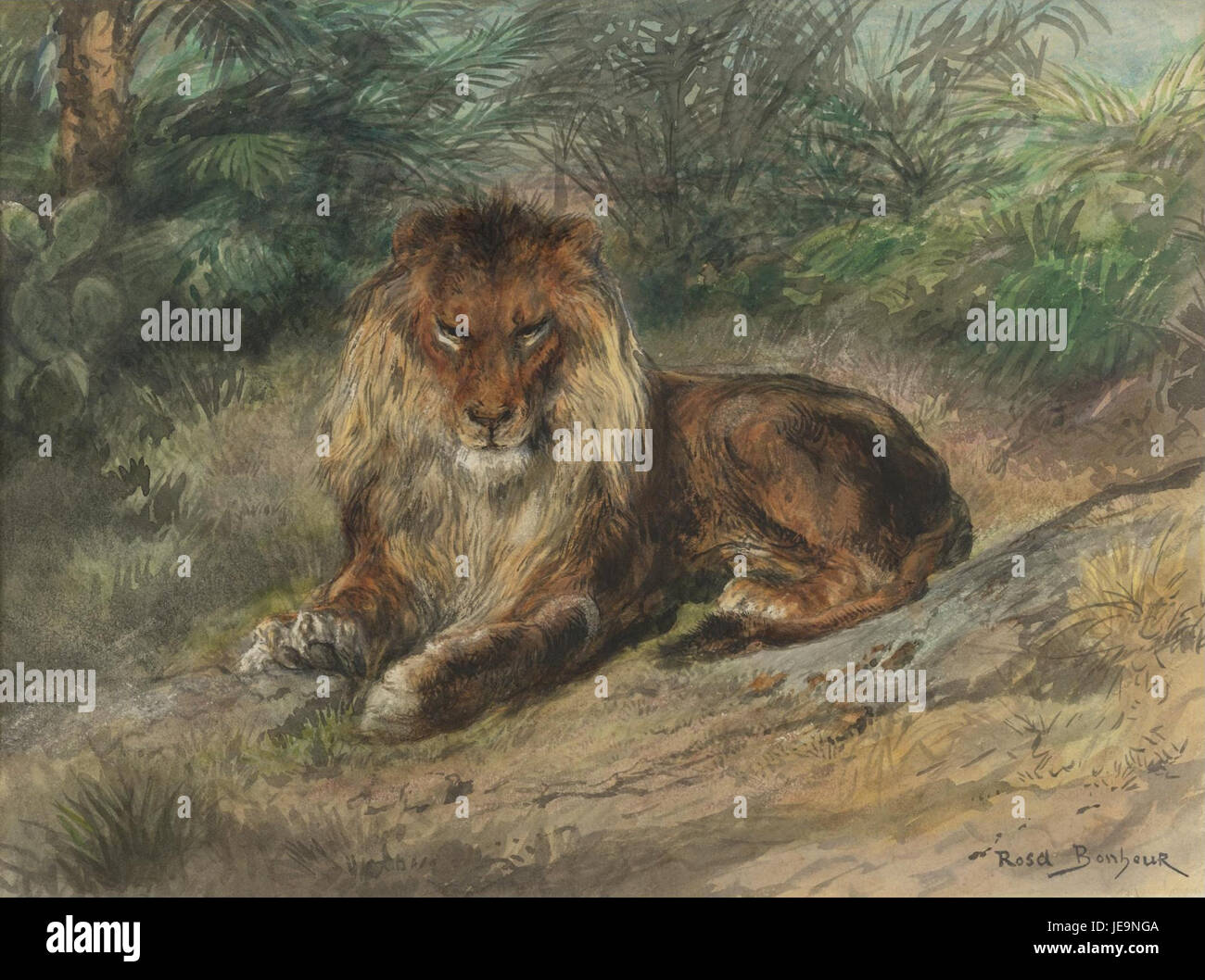 'Le vieux monarque' de Rosa bonheur, une artiste française du XIXe siècle, représente un cheval âgé dans une posture royale, mettant en valeur les compétences de l'artiste en peinture animalière et en représentant les animaux de façon réaliste. Banque D'Images