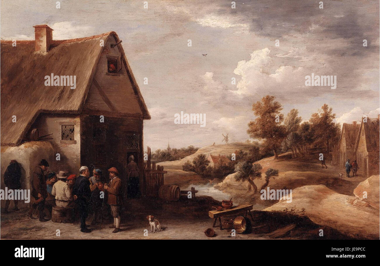 David Teniers le Jeune - paysage avec figures avant d'une maison avec toit de paille Banque D'Images