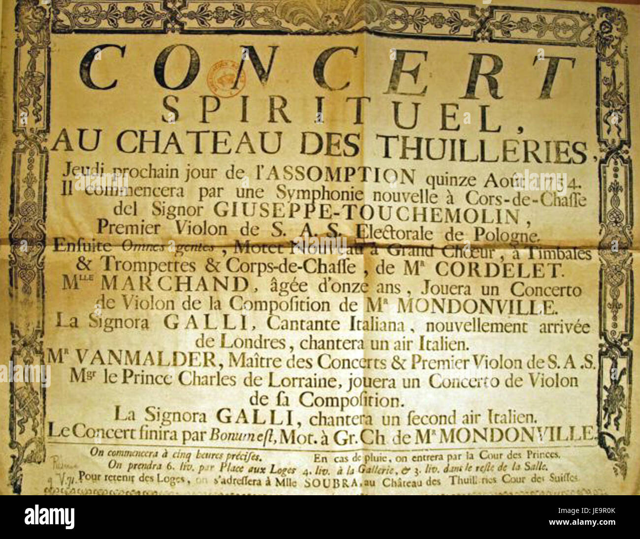 Cette affiche historique promeut le 'concert spirituel', une série de concerts français créée au XVIIIe siècle. Les concerts étaient connus pour la musique sacrée et profane jouée dans de prestigieuses salles françaises. Banque D'Images