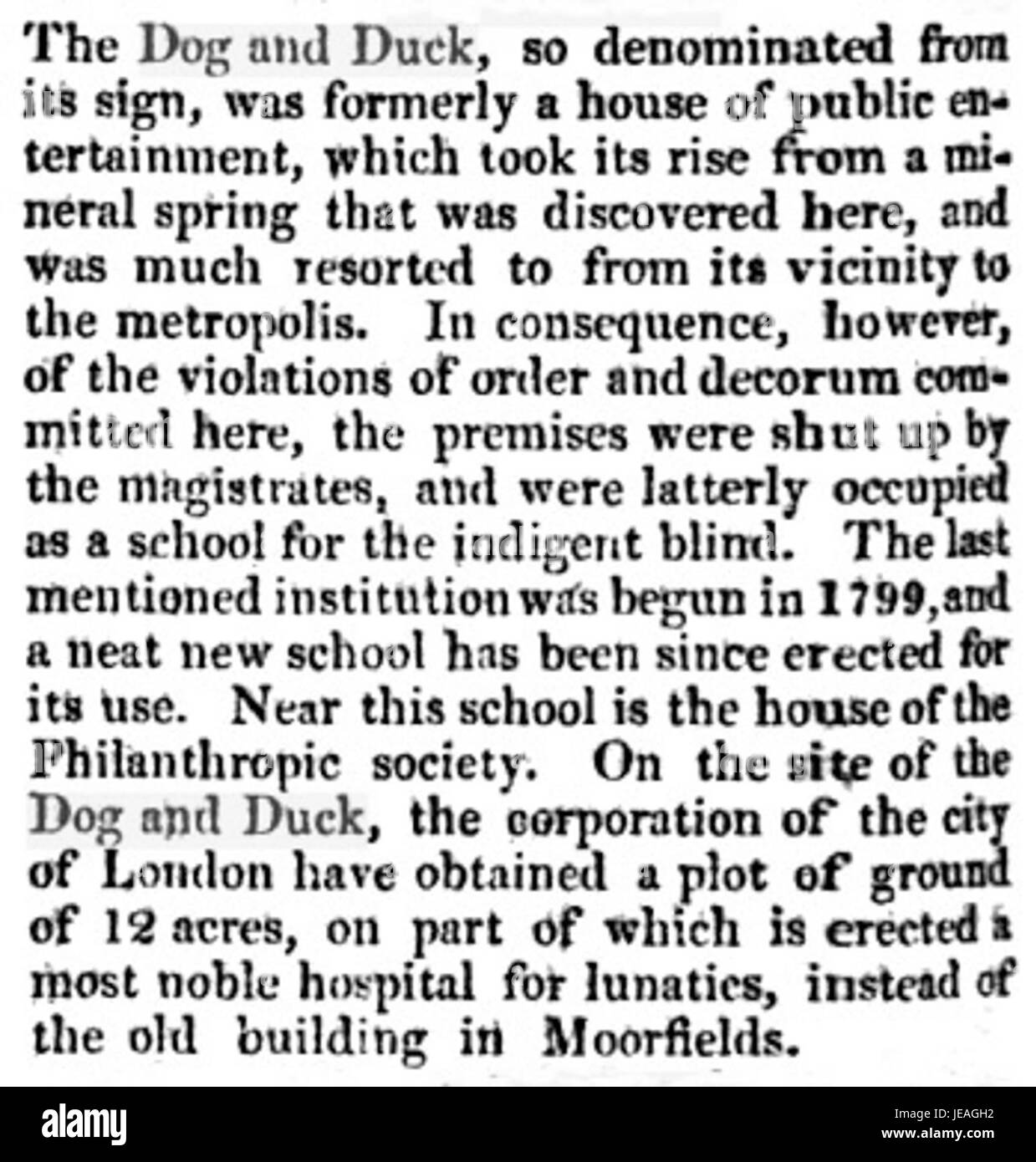 Une entrée du Edinburgh Gazetteer discutant du chien et du canard, peut-être un pub, un lieu ou une référence historique à Édimbourg, en Écosse, détaillant son importance dans la culture de la ville. Banque D'Images