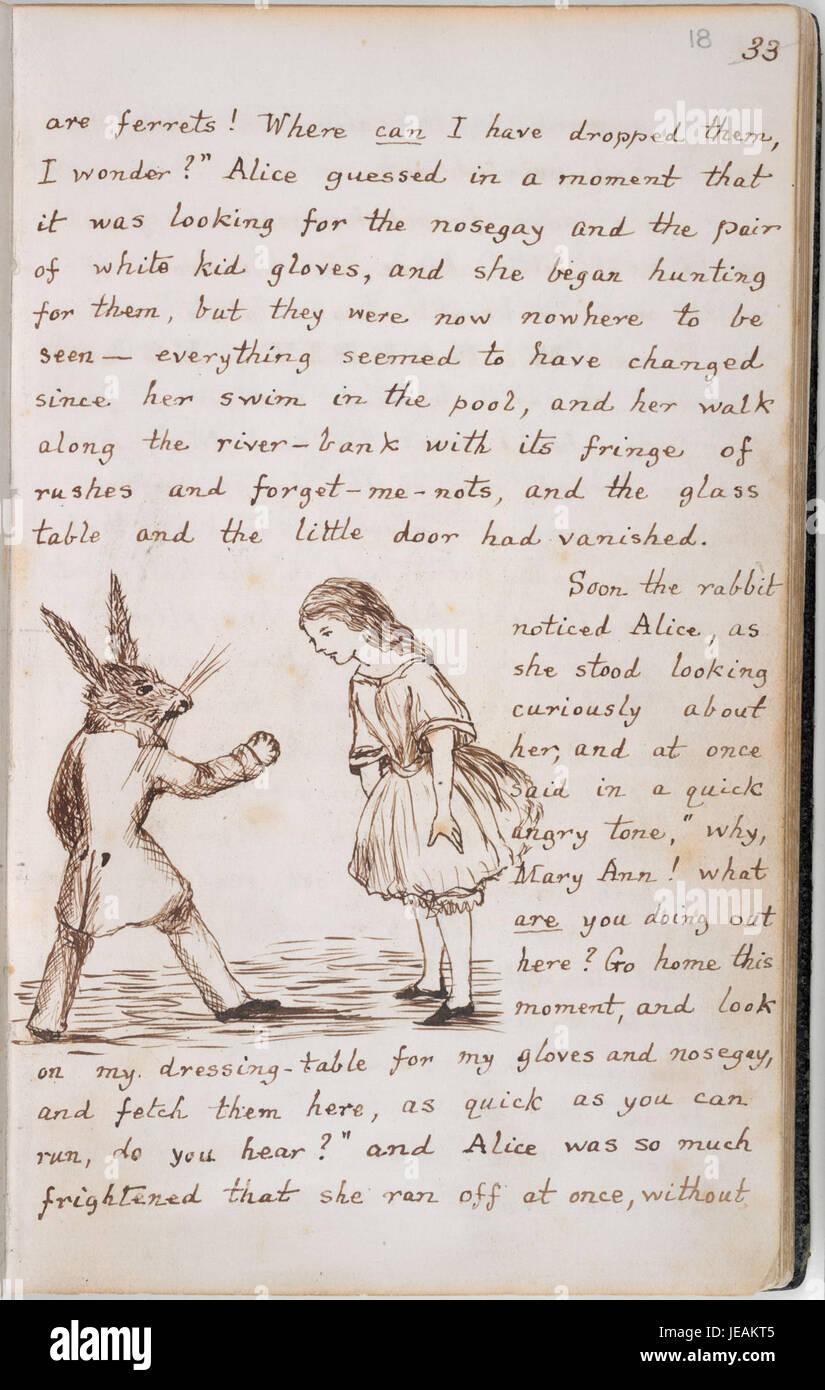 Illustration extraite du manuscrit de « Alice's Adventures Under Ground » de Lewis Carroll, mettant en scène Alice dans une scène fantastique. L'image fait partie de la collection de la British Library, présentant les premiers éléments du célèbre travail de Carroll. Banque D'Images
