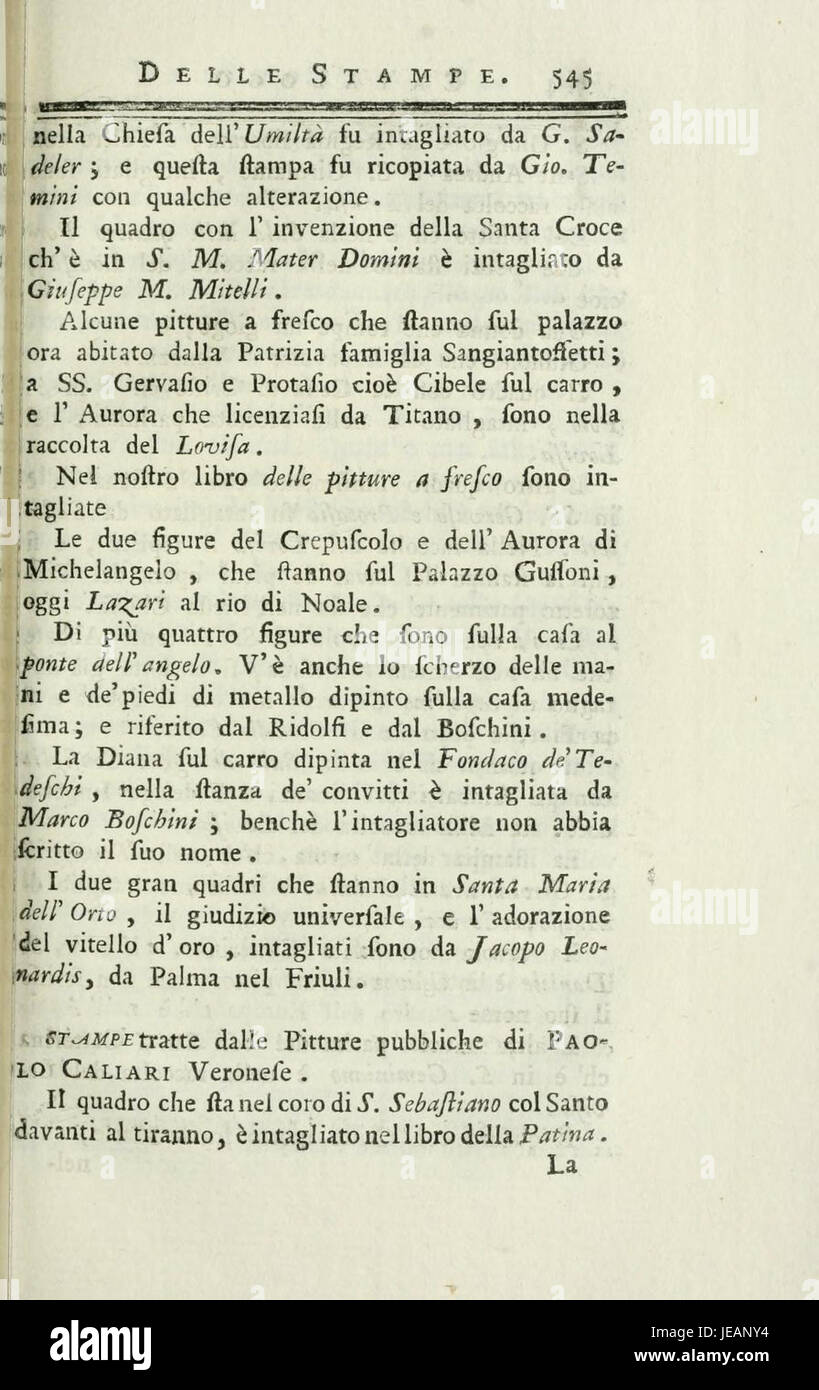 Un extrait de 'Della Pittura Veneziana e delle Opere Publiche de' Veneziani Maestri' (sur la peinture vénitienne et les œuvres publiques des maîtres vénitiens), mettant l'accent sur les réalisations artistiques des peintres vénitiens, comme on le voit dans le Livre V, page 545. Banque D'Images