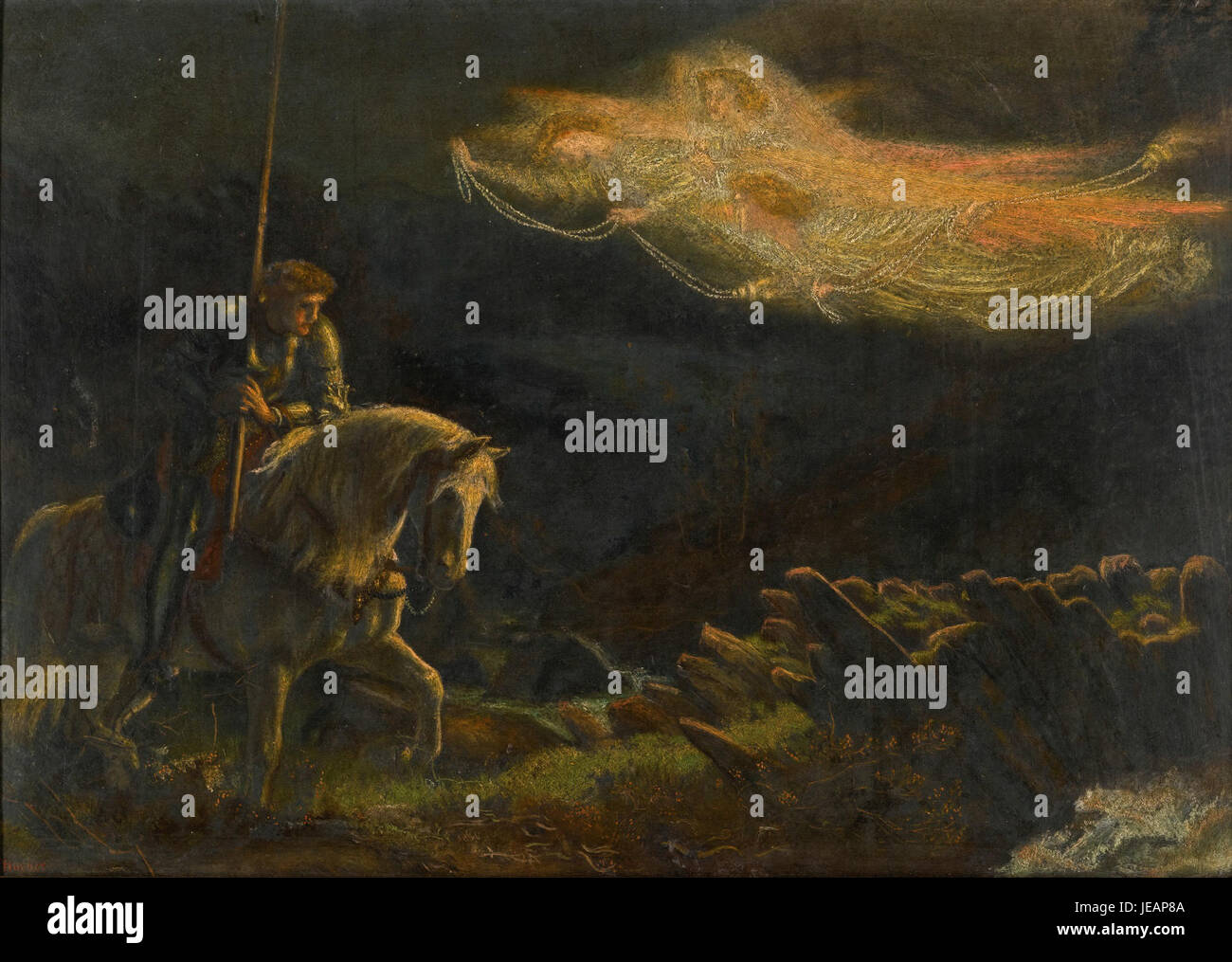 L'étude d'Arthur Hughes pour 'Sir Galahad - la quête du Saint Graal' capture le chevalier légendaire dans un moment de contemplation. Le croquis représente l'approche de Hughes pour illustrer la légende arthurienne et la quête du Saint Graal, en se concentrant sur les thèmes de la chevalerie et de l'aventure. Banque D'Images