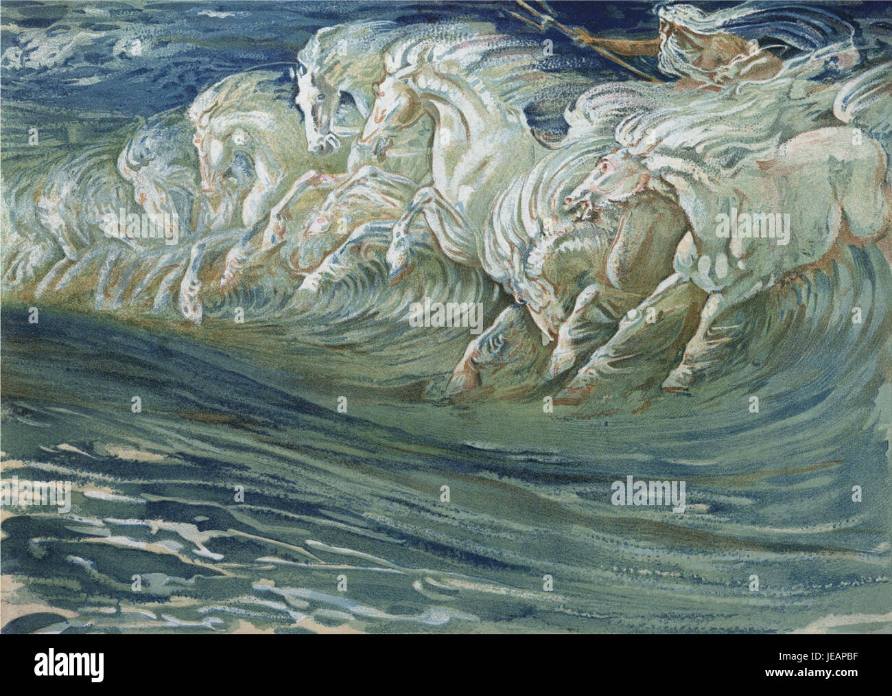 Les chevaux de Neptune de Walter Crane (1910) est une œuvre d'art représentant la figure mythologique de Neptune à cheval dans un style dynamique et dramatique. Banque D'Images