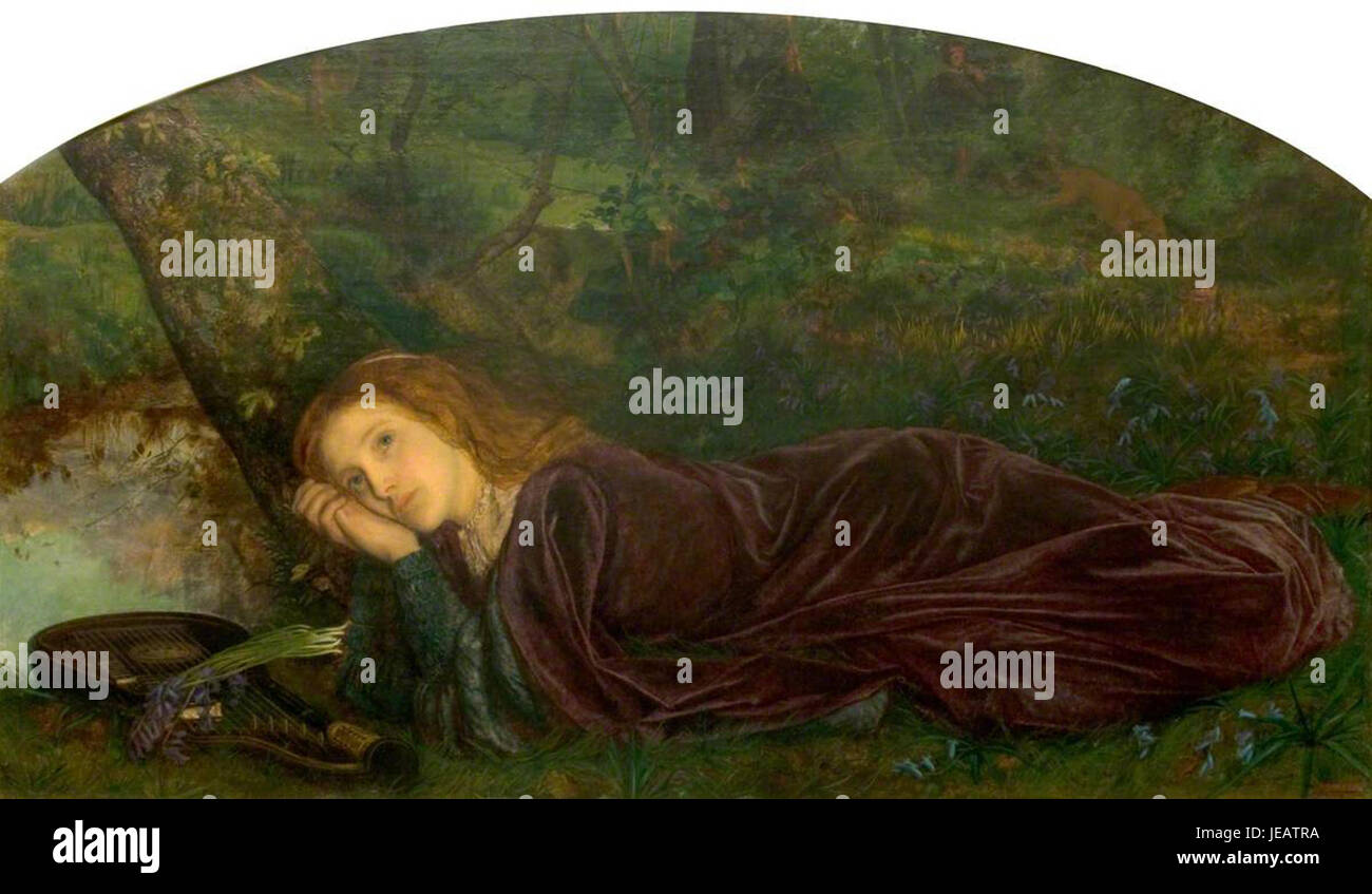 'The Rift Within the Lute' d'Arthur Hughes est une peinture du XIXe siècle qui explore les thèmes émotionnels et psychologiques des conflits. L'œuvre représente une scène de tension et d'introspection, reflétant les défis des relations humaines. Banque D'Images