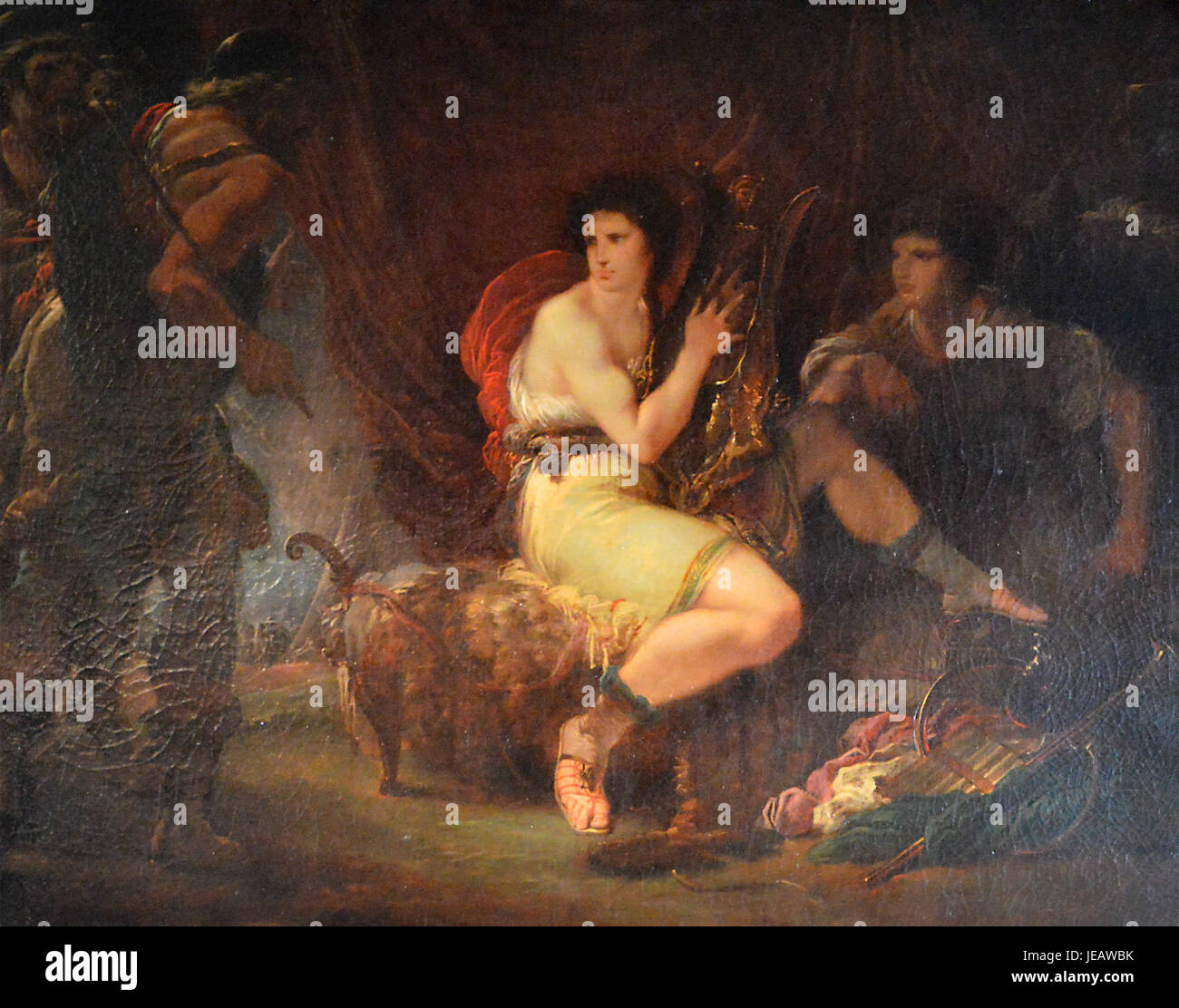 Le tableau de Giuseppe Cades 'Achille, jouant de la lyre sous sa tente avec Patrocle, est surprise par Ulysse et Nestor' illustre une scène de l'Iliade. Achille est représenté jouant de la lyre, tandis que Patroclus et les figures d'Odysseus et de Nestor l'interrompent, incarnant les thèmes de l'héroïsme grec. Banque D'Images