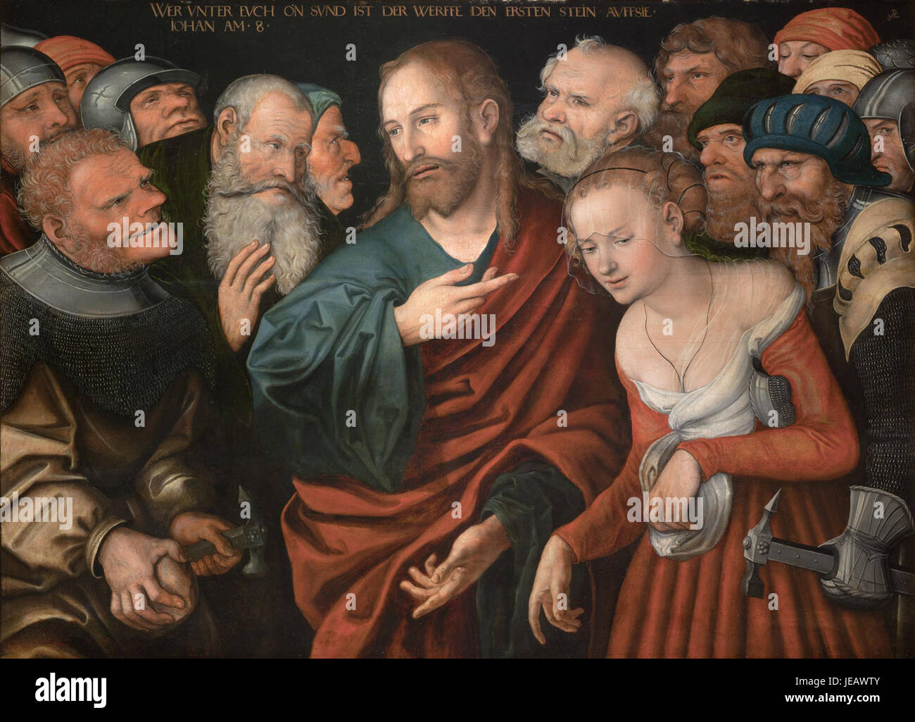 'Kristus a cizoloznice' (Christ et l'Adulteress) de Lucas Cranach l'ancien, dépeint l'histoire biblique du Christ épargnant l'adultère. Cette peinture de la Renaissance se concentre sur les thèmes du péché, de la rédemption et de la miséricorde, éléments clés de l’art chrétien de l’époque. Banque D'Images