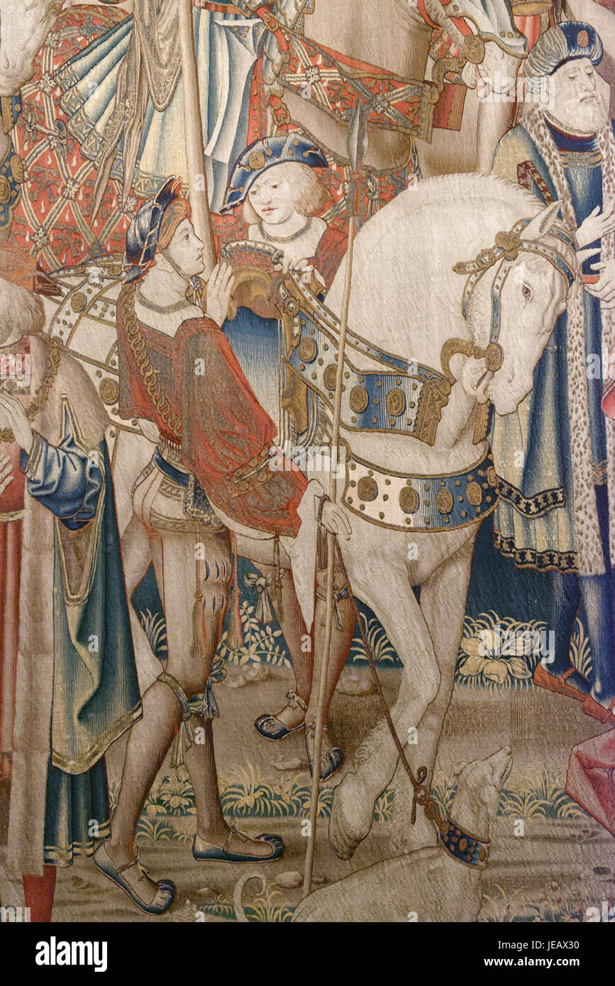 Cette peinture, 'David recevant les insignes de David et Bathsheba', de la période Renaissance, dépeint une scène biblique du roi David recevant des jetons de Bathsheba. Le travail est noté pour son utilisation de la couleur et de la composition classique. Banque D'Images