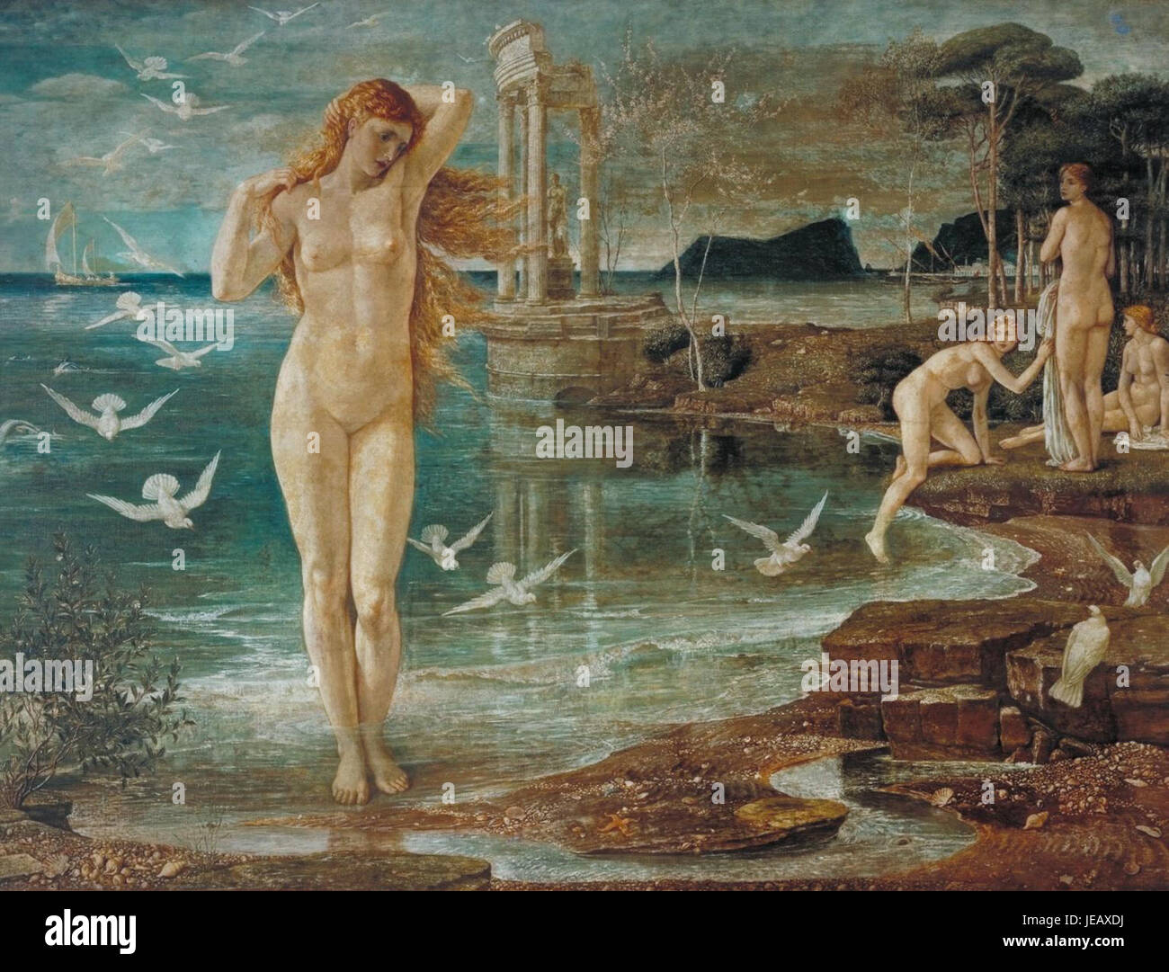 La Renaissance de Vénus de Walter T. Crane (1877) est une peinture qui dépeint la Vénus mythologique, mettant en valeur le style artistique et le sujet classique de Crane. Banque D'Images