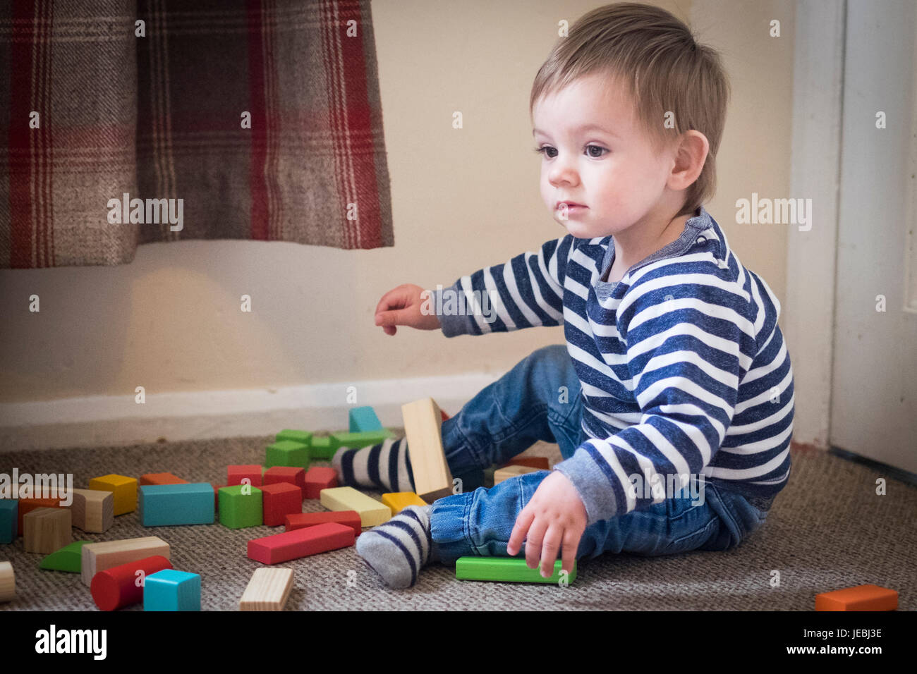 Bébé Garçon jouant avec des briques de couleur à la maison Banque D'Images