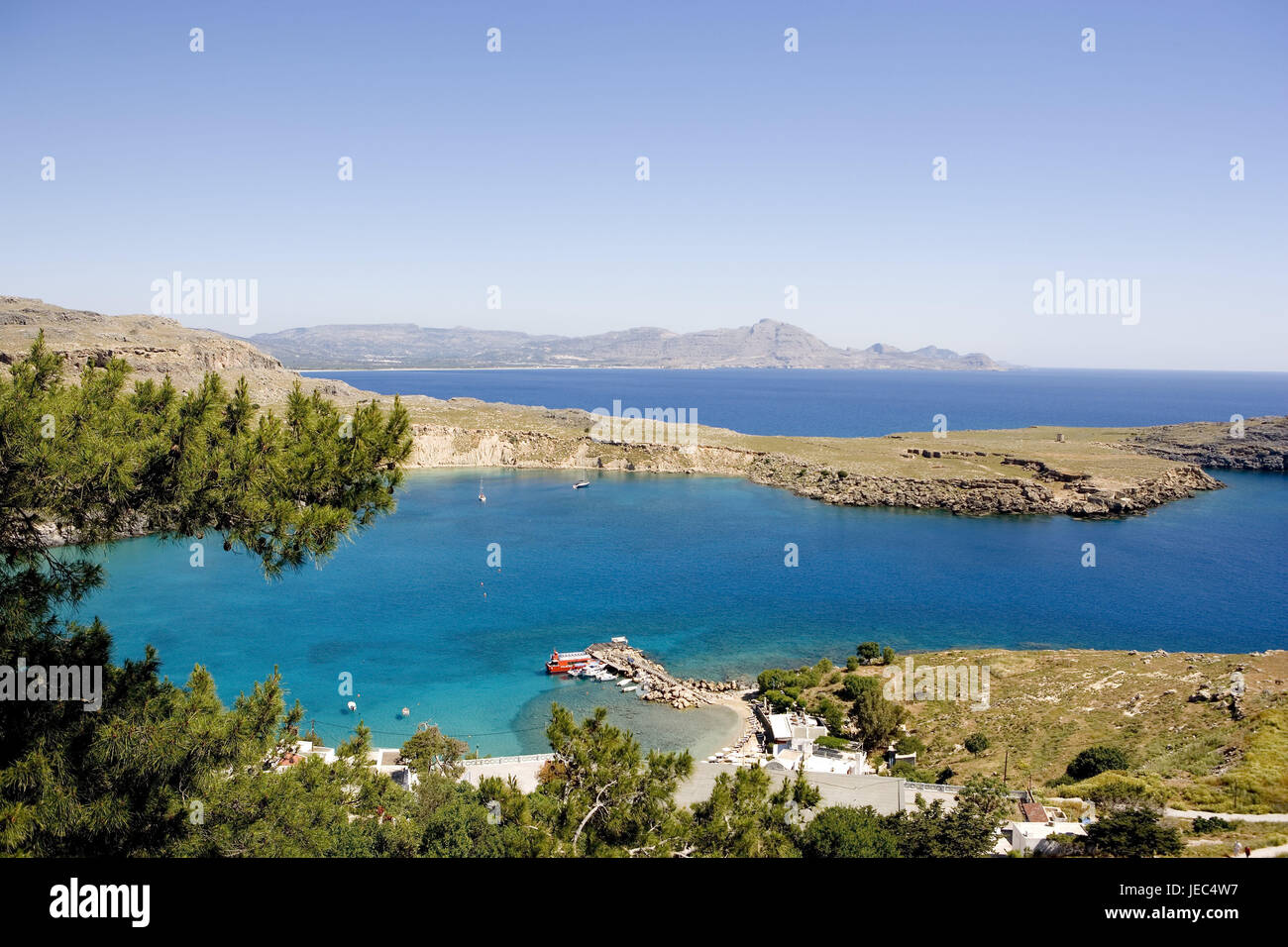 Grèce, Rhodes, Lindos, la mer, les montagnes, les eaux, la destination de vacances, vacances, tourisme, eaux,, port, Banque D'Images