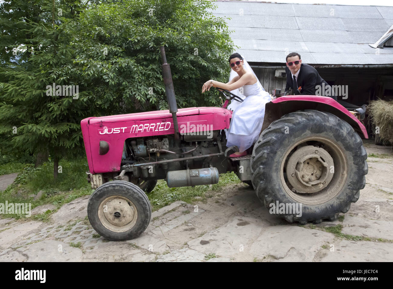 Mariée et le marié sur le tracteur, Banque D'Images