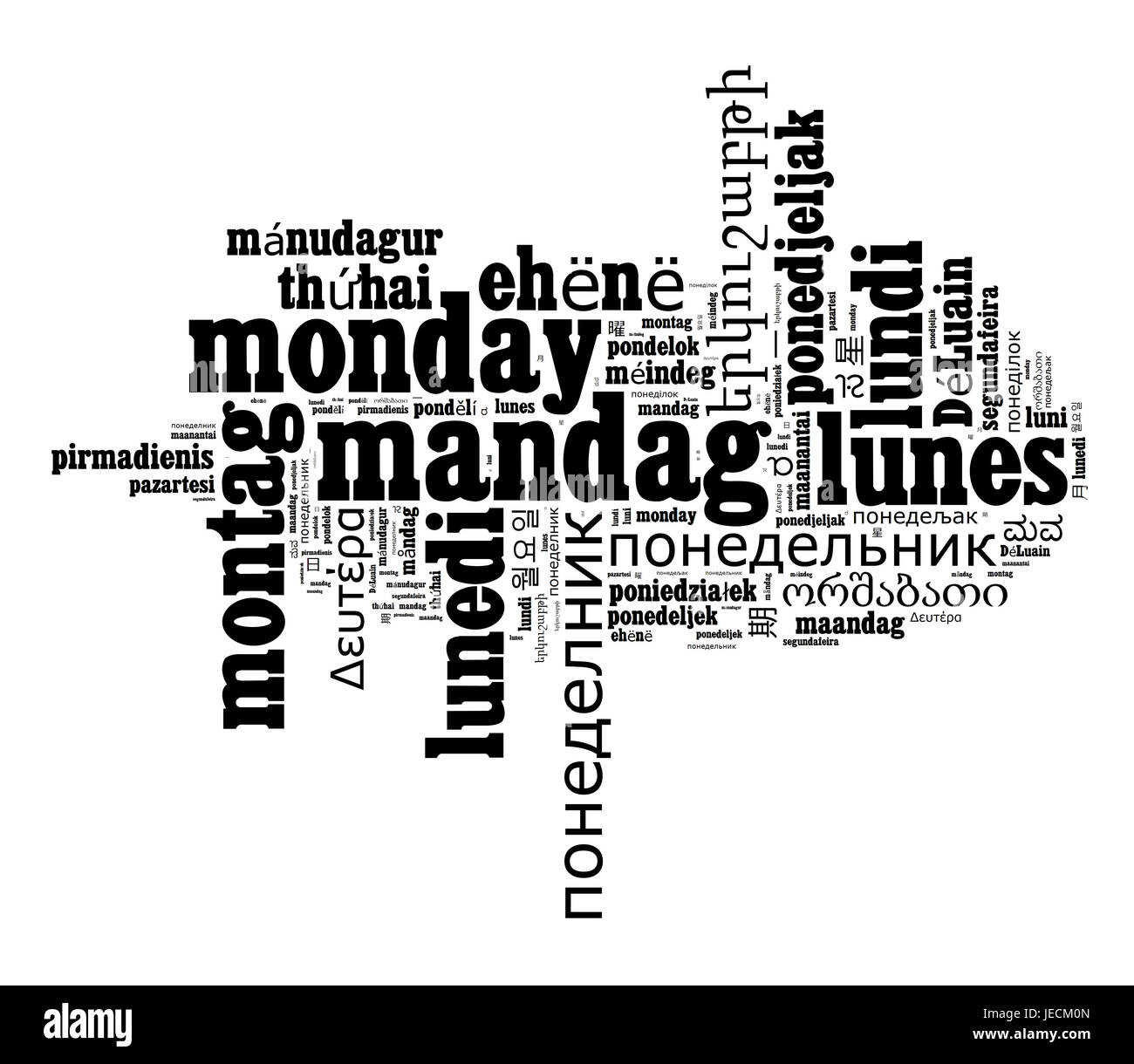 Mot lundi dans différentes langues mot concept cloud en forme de coeur Banque D'Images