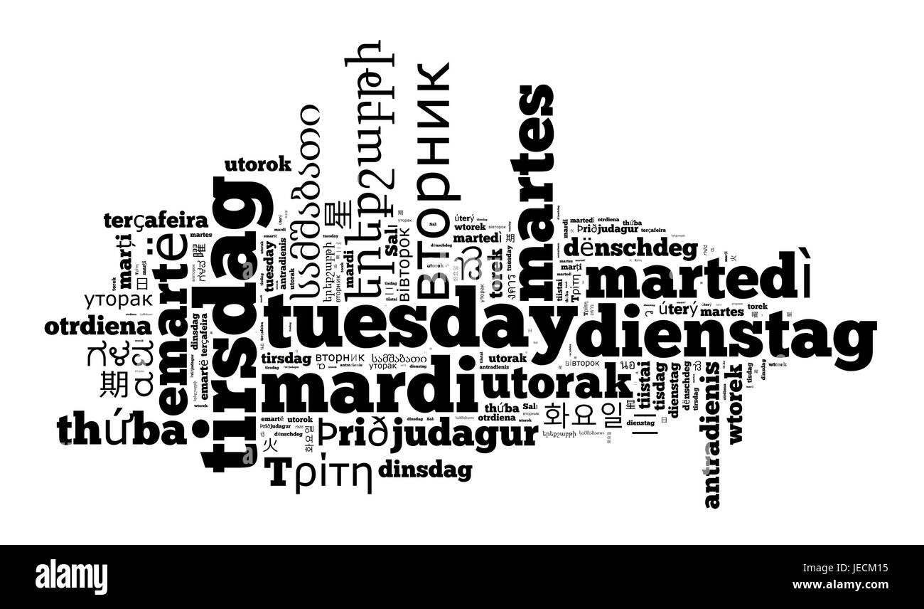 Mot mardi dans différentes langues mot concept cloud en forme de coeur Banque D'Images
