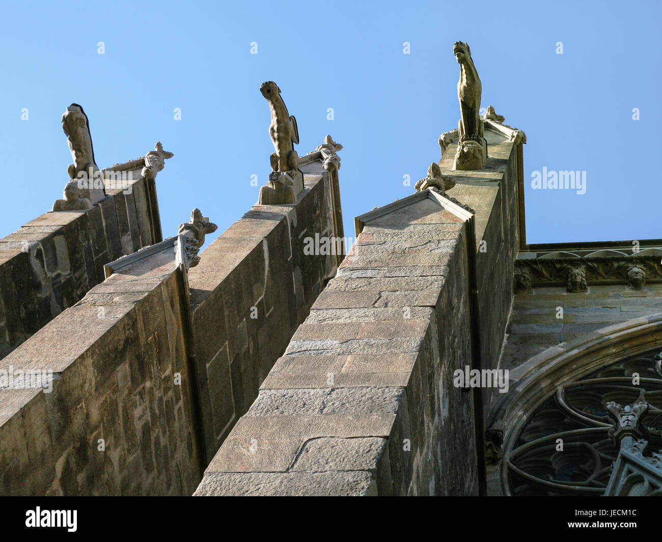 Billet d'Occitanie, France - Les gargouilles sur le mur de la basilique des Saints Nazaire et Celse (Eglise Saint-Nazaire de Carcassonne, Basilique Saint Nazair Banque D'Images