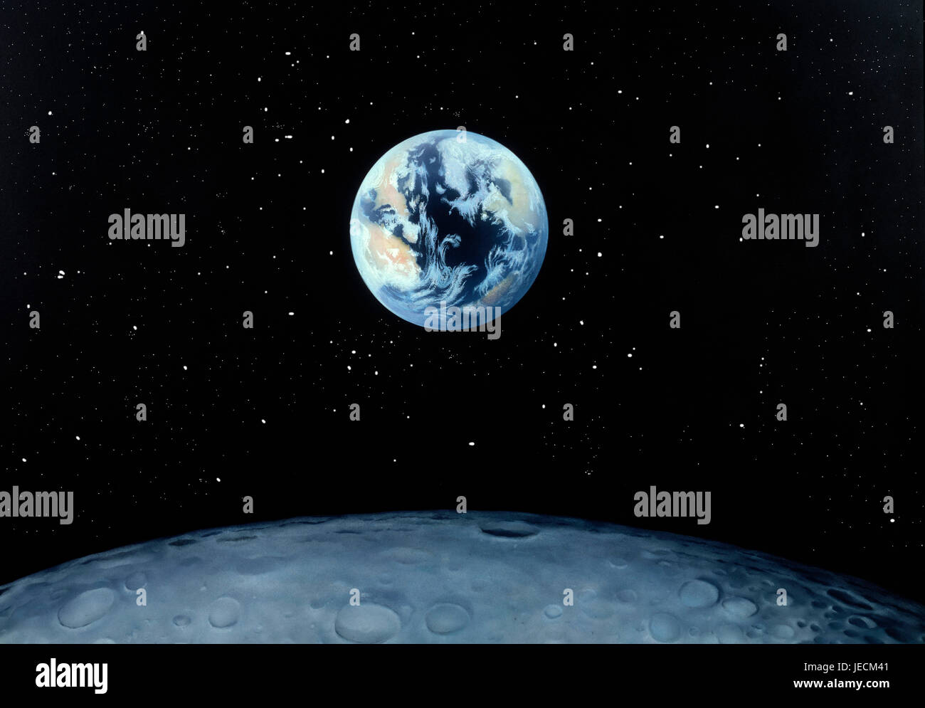 Artwork. La peinture. La masse s'élever au-dessus de l'horizon de la lune. Banque D'Images