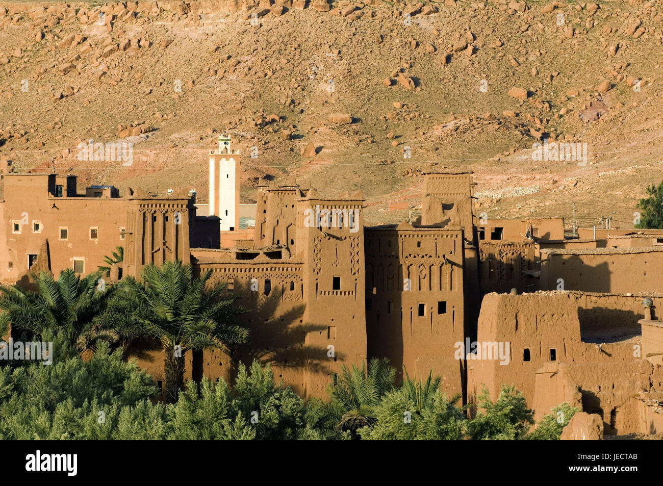 Le Maroc, Aït-Ben-Haddou, vue locale, mucky maisons, Afrique, Afrique du Nord, l'endroit, Ksar, maisons, mucky méthode de construction, généralement, typiquement pour des pays, l'architecture, architecture, mucky végétation, palmiers, à l'extérieur, déserte, point d'intérêt, à l'UNESCO patrimoine culturel mondial, la destination, la tour, minaret, Banque D'Images