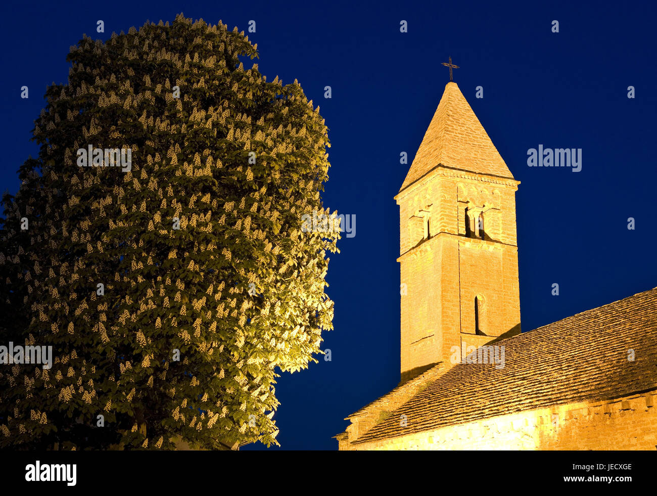 France, Bourgogne, Département Saône-et-Loire, Taize, romane, clocher de l'église du village, arbre, soir, Banque D'Images