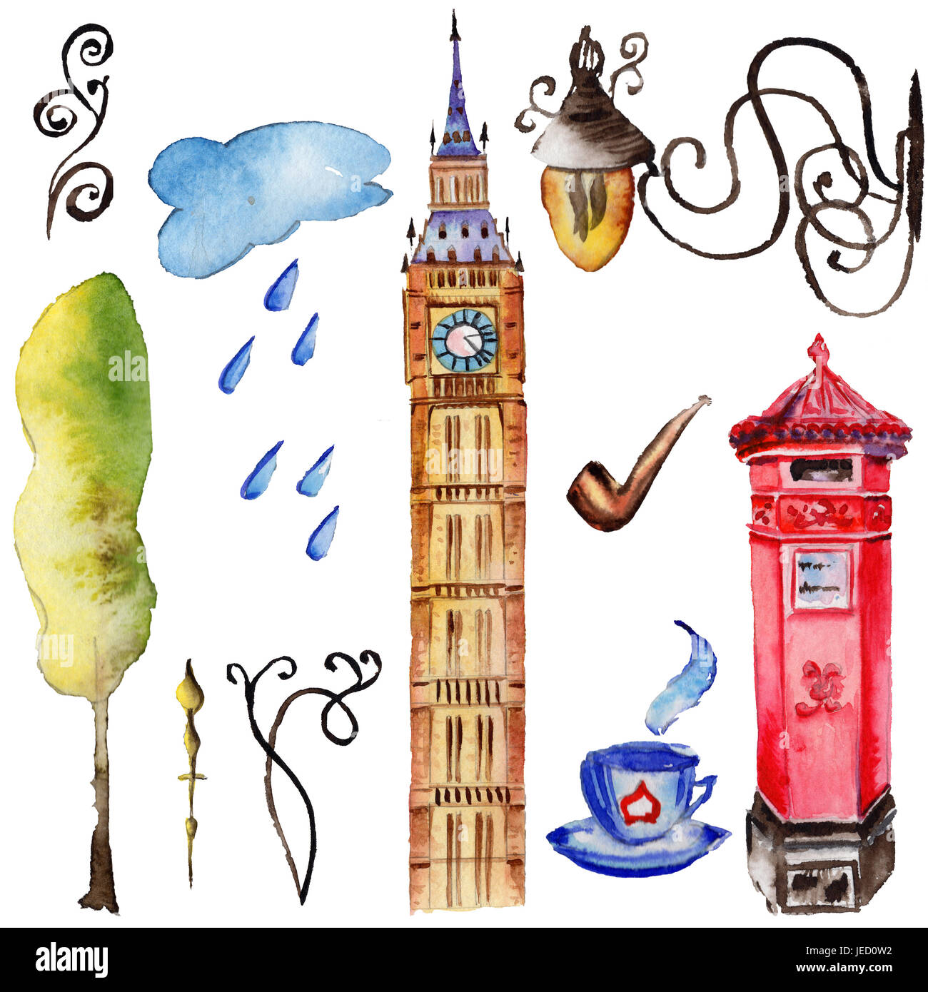 Londres aquarelle illustration. Grande-bretagne symboles dessinés à la main. Big Ben. Banque D'Images