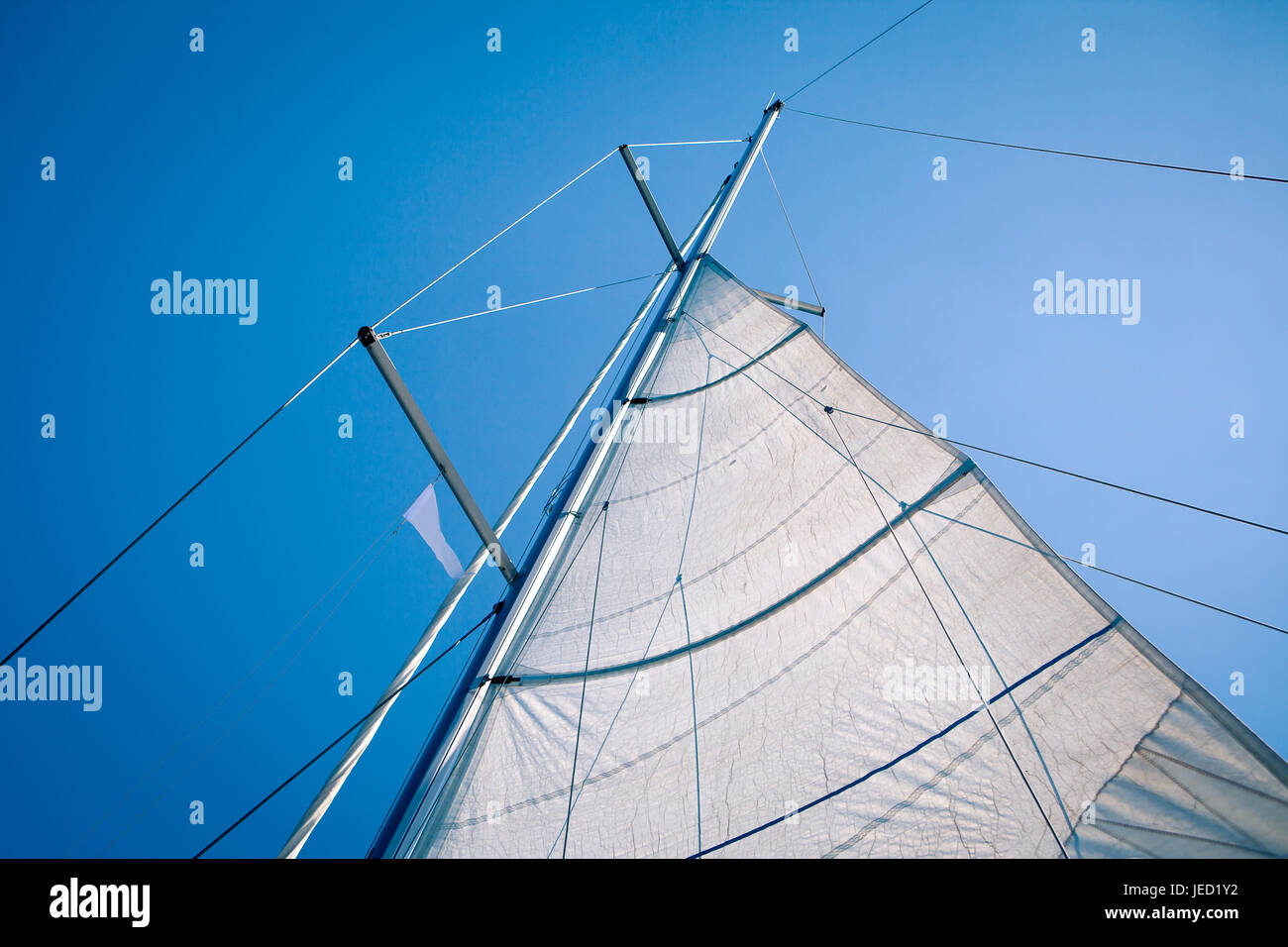 Une voile dans le vent sur une location de bateau sur une journée ensoleillée, vue de dessous Banque D'Images