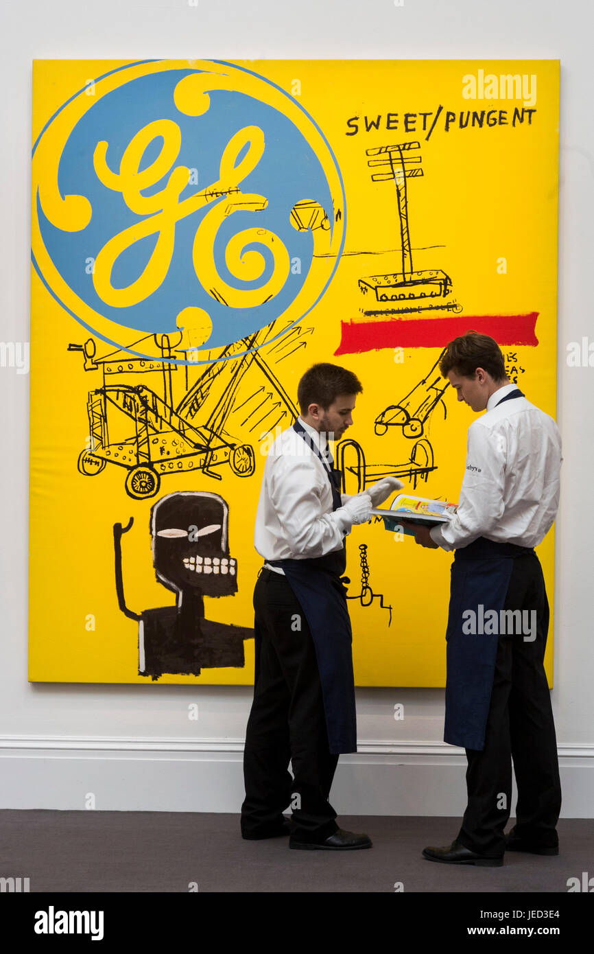 Londdon, UK. 23 juin 2017. Les techniciens de Sotheby's sont devant le Warhol et Basquiat collaboration Sweet piquante de la collection de Tommy Hilfiger, est. GBP 1.4-1.8m. Aperçu de Sotheby's Contemporary Art Evening Sale qui aura lieu le 28 juin 2017. Banque D'Images
