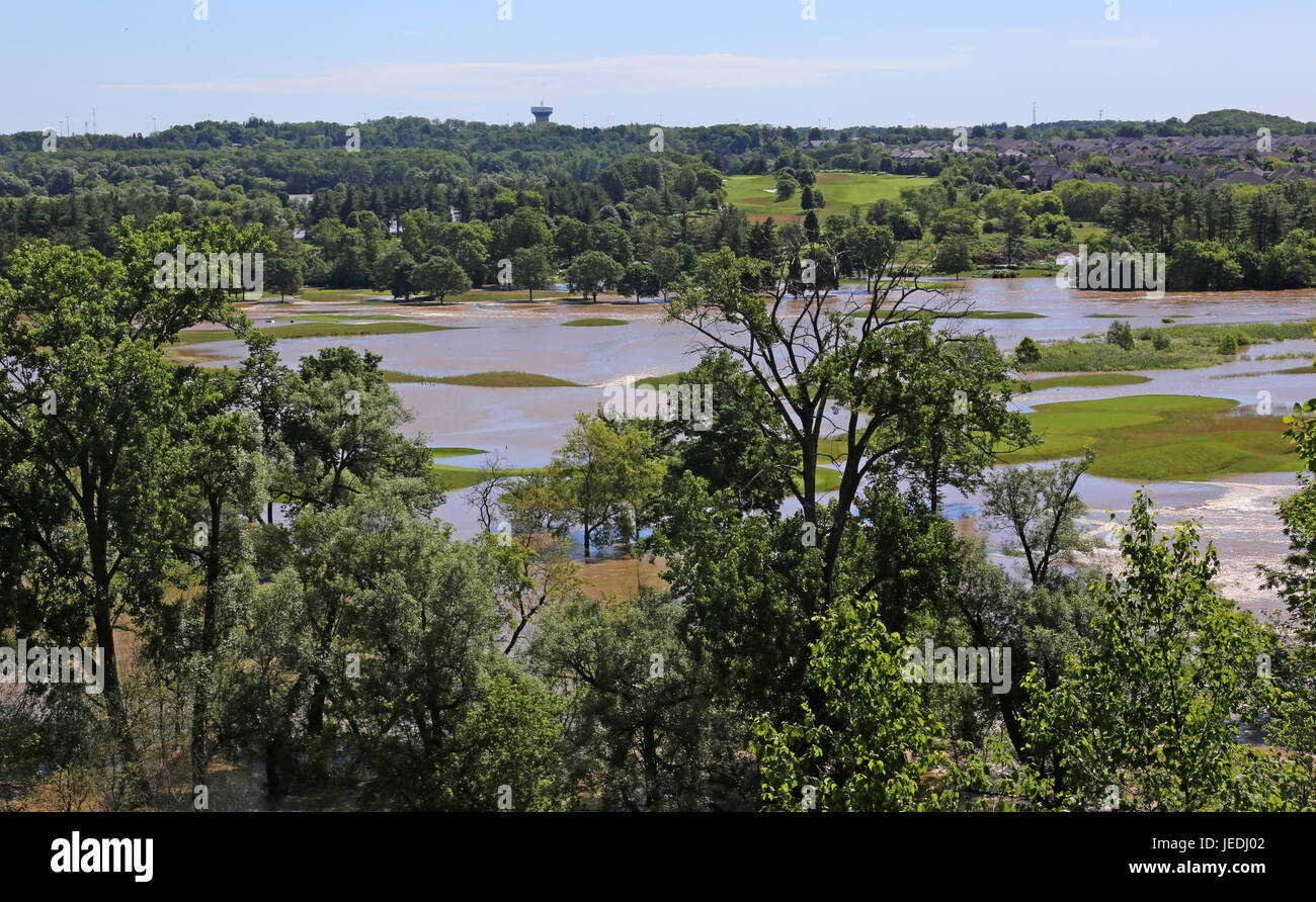 Kitchener, Ontario, Canada. 24 Juin, 2017. Deer Ridge Golf Club gravement inondées par de fortes pluies le débordement de la rivière Grand. Crédit : Chris Hill/Alamy Live News Crédit : Chris Hill/Alamy Live News Banque D'Images