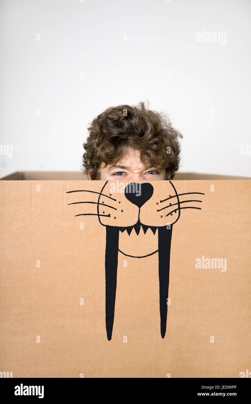 Garçon à l'intérieur d'une boîte en carton peint avec un tigre à dents de sabre Banque D'Images