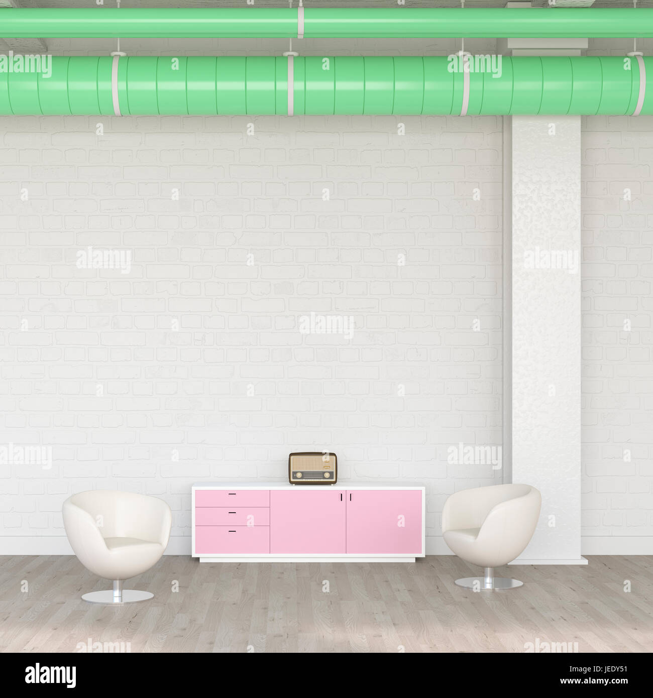 Deux fauteuils, bahut et radio dans un salon, 3D Rendering Banque D'Images