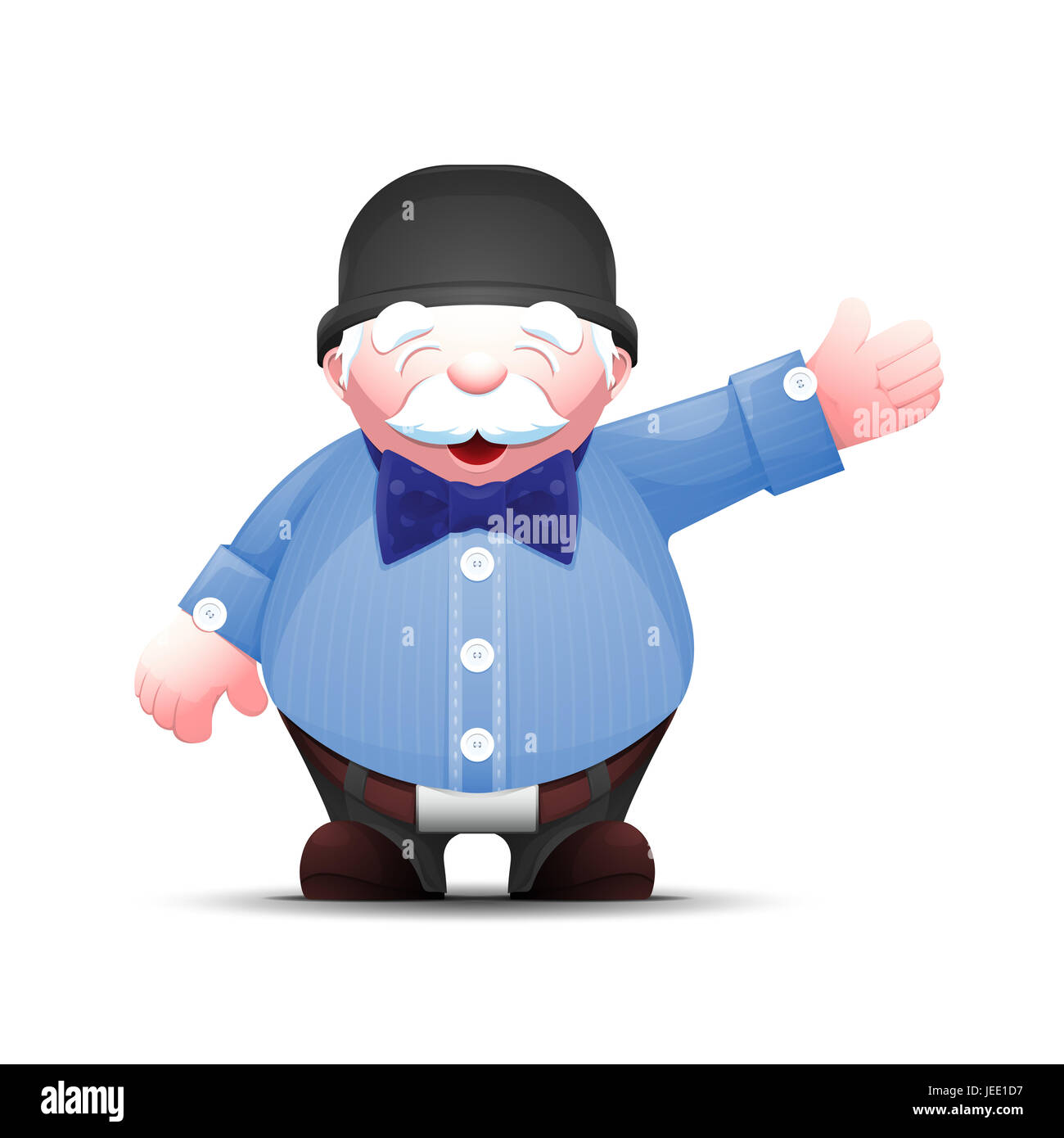 Points positifs man part sur le côté. Ancien businessman stands et points à quelque chose. Dessin élégant monsieur en chapeau melon et Bow tie. Banque D'Images
