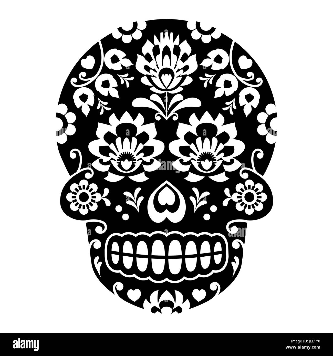 Crâne en sucre mexicain crâne Halloween, avec des fleurs - L'art populaire de style Wycinanki polonais Illustration de Vecteur