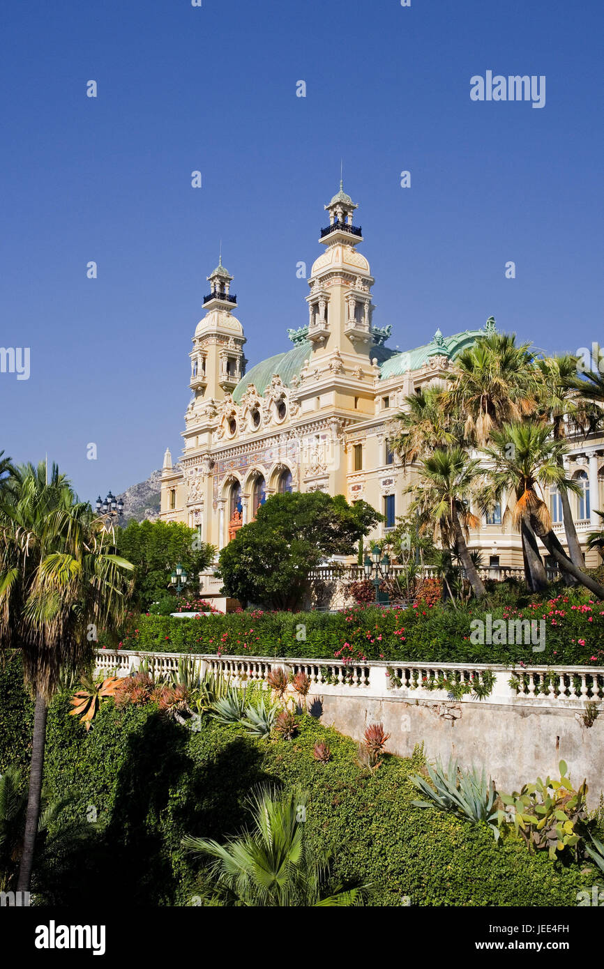 Monaco, Monte Carlo, l'opéra, parc, la mer Méditerranée, la principauté, la construction, l'architecture, de l'opéra, à l'extérieur, le lieu de destination, d'intérêt, tourisme, parc, plantes, arbustes, palmiers, arbres, Banque D'Images