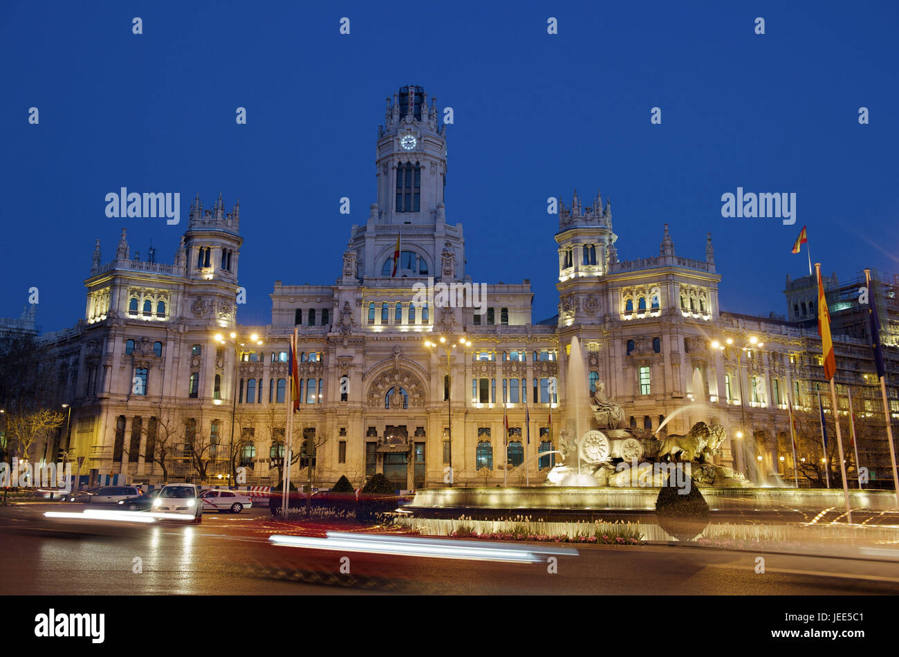 Espagne, Madrid, Plaza de Cibeles, à l'hôtel de ville, fontaine de nuit, Banque D'Images