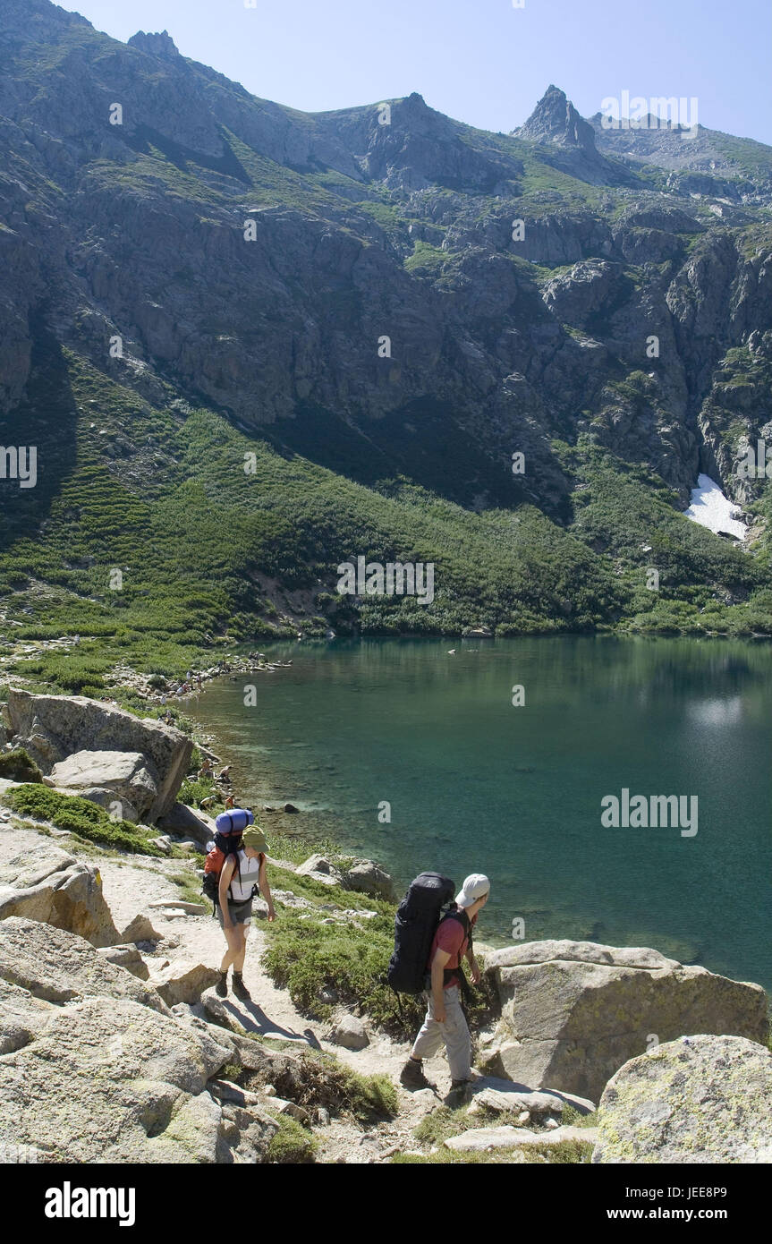 France, Corse, vallée de la Restonica, montagnes, rochers, lac, vagabond, Banque D'Images