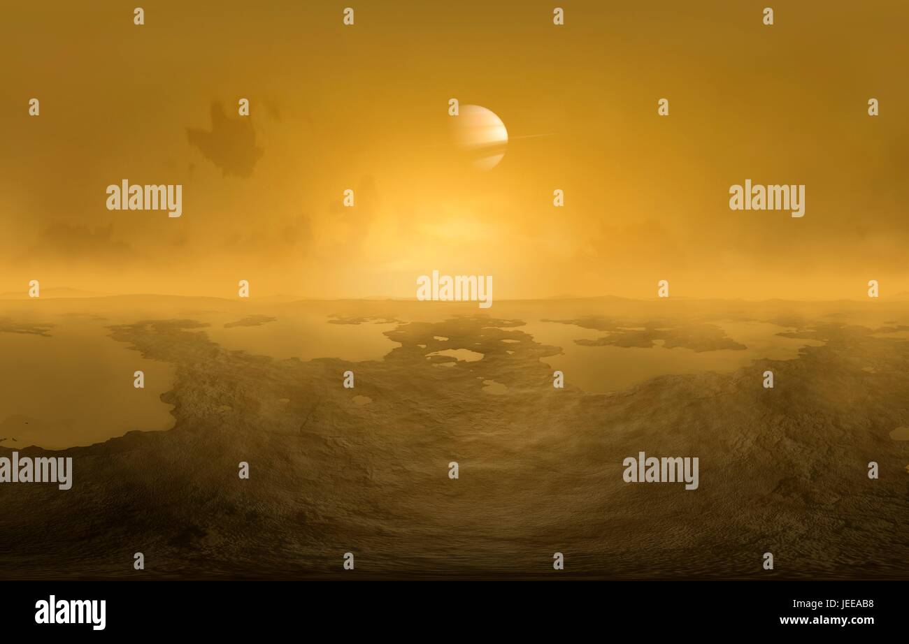 Surface de Titan, l'oeuvre de l'ordinateur. C'est le plus gros satellite de Saturne et la lune seulement d'avoir une planète-comme l'atmosphère. L'atmosphère est composée d'azote et de composés organiques, principalement d'éthane et de méthane, qui lui donnent sa couleur orange distinctive. La surface de Titan est dépeint comme étant couverte dans le méthane liquide, formant des rivières et des océans. On pense que la forme d'hydrocarbures que la lumière du soleil agit sur le méthane dans la haute atmosphère de Titan. Il y a aussi des montagnes, pensé pour être fait de roche et de glace. L'atmosphère de Titan pourrait ressembler à celle de la Terre primitive et pouvaient contenir des indices sur la Banque D'Images