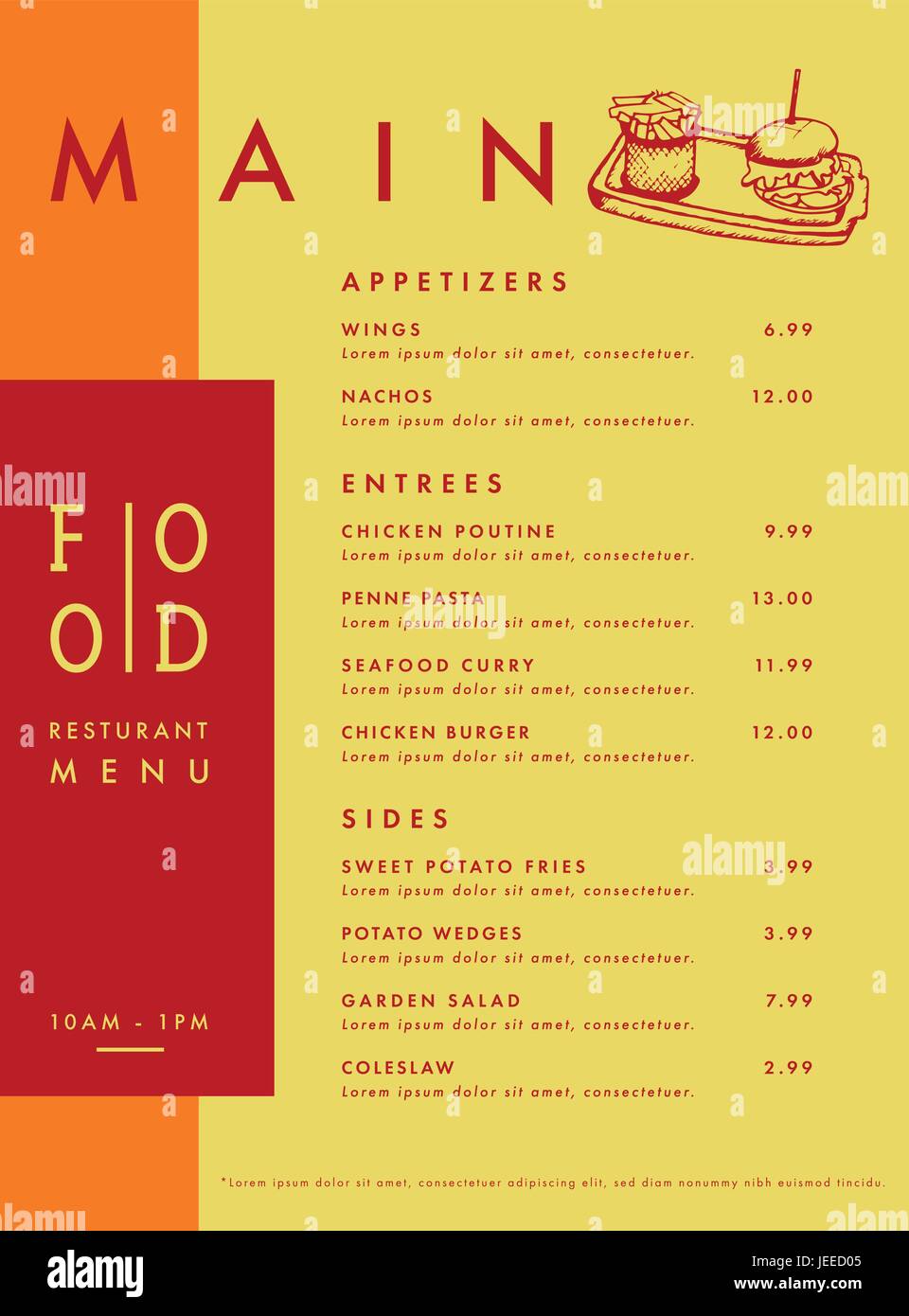 Carte des menus avec de la nourriture et restaurant text Illustration de Vecteur