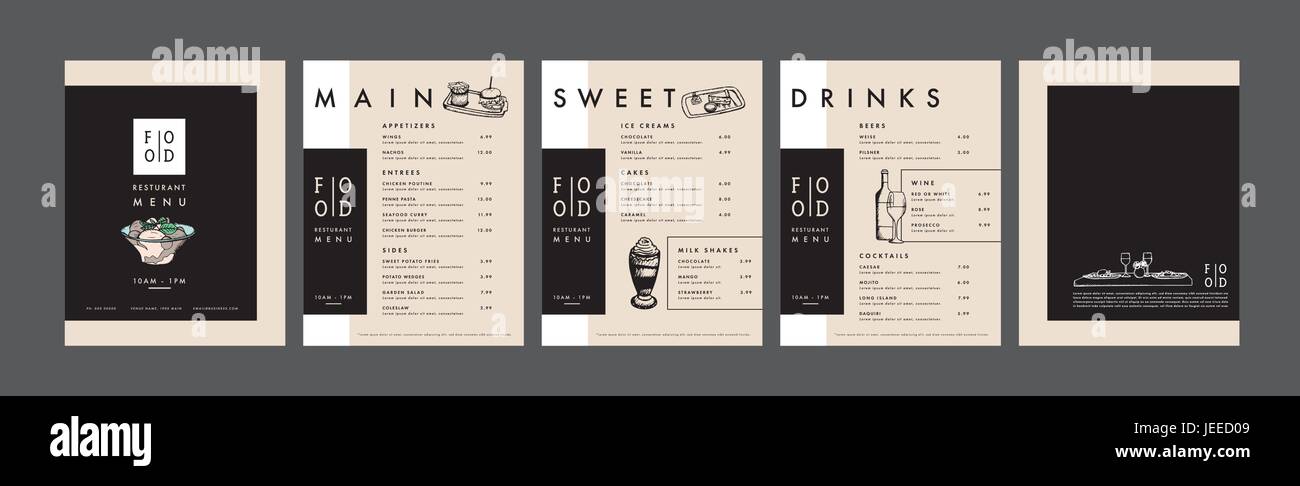 Carte des menus avec de la nourriture et restaurant text Illustration de Vecteur