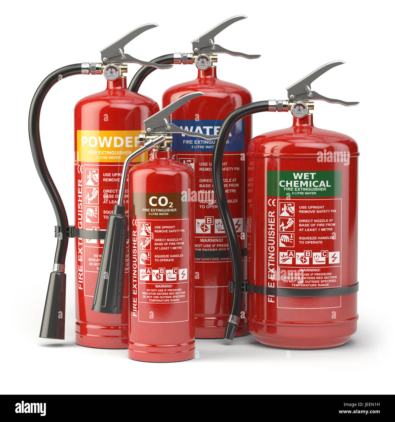 Les extincteurs d'isolé sur fond blanc. Différents types d'extincteurs. 3d illustration Banque D'Images