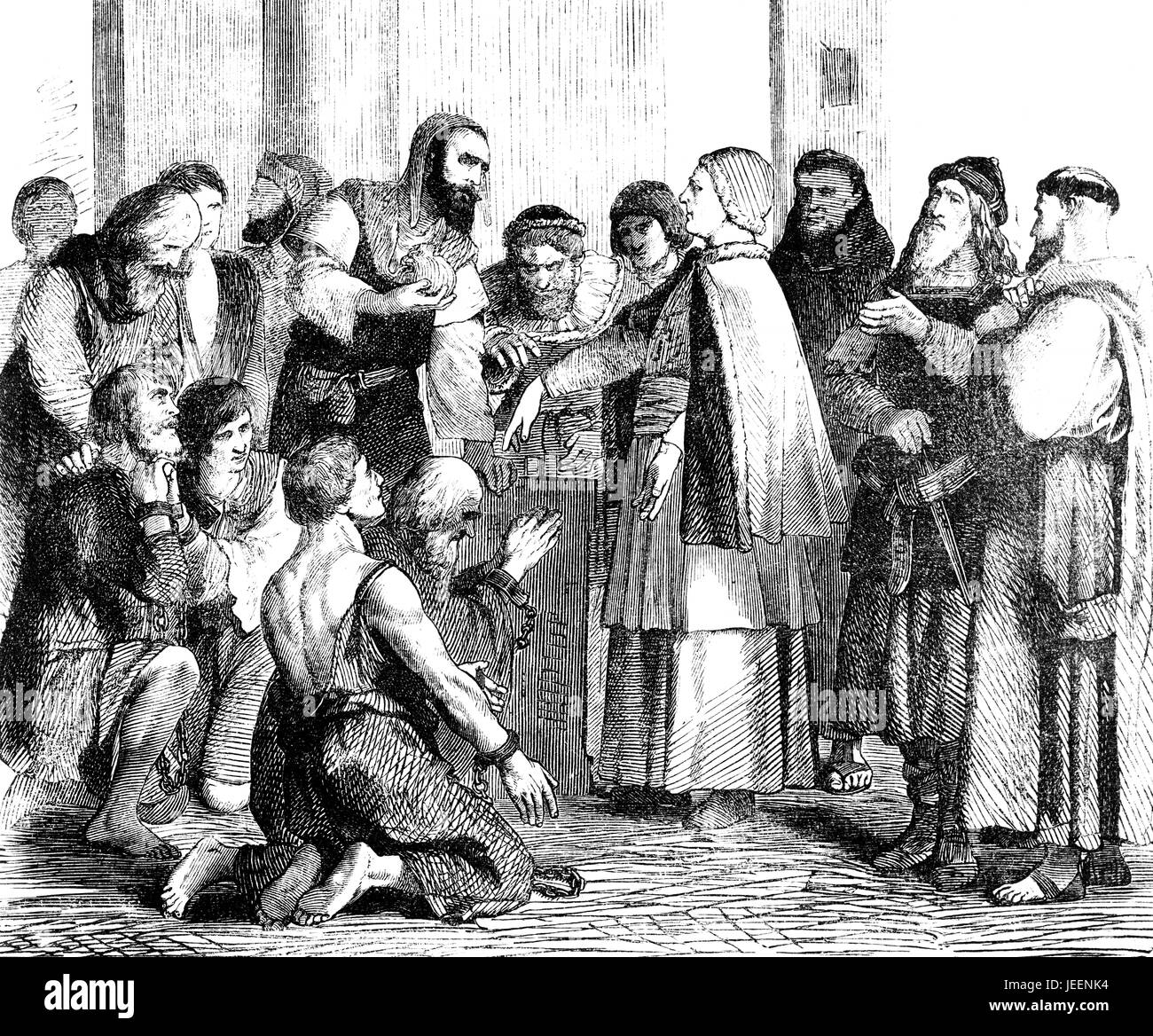 Le pape Zachary, 679 -752, donnant les esclaves leur liberté Banque D'Images