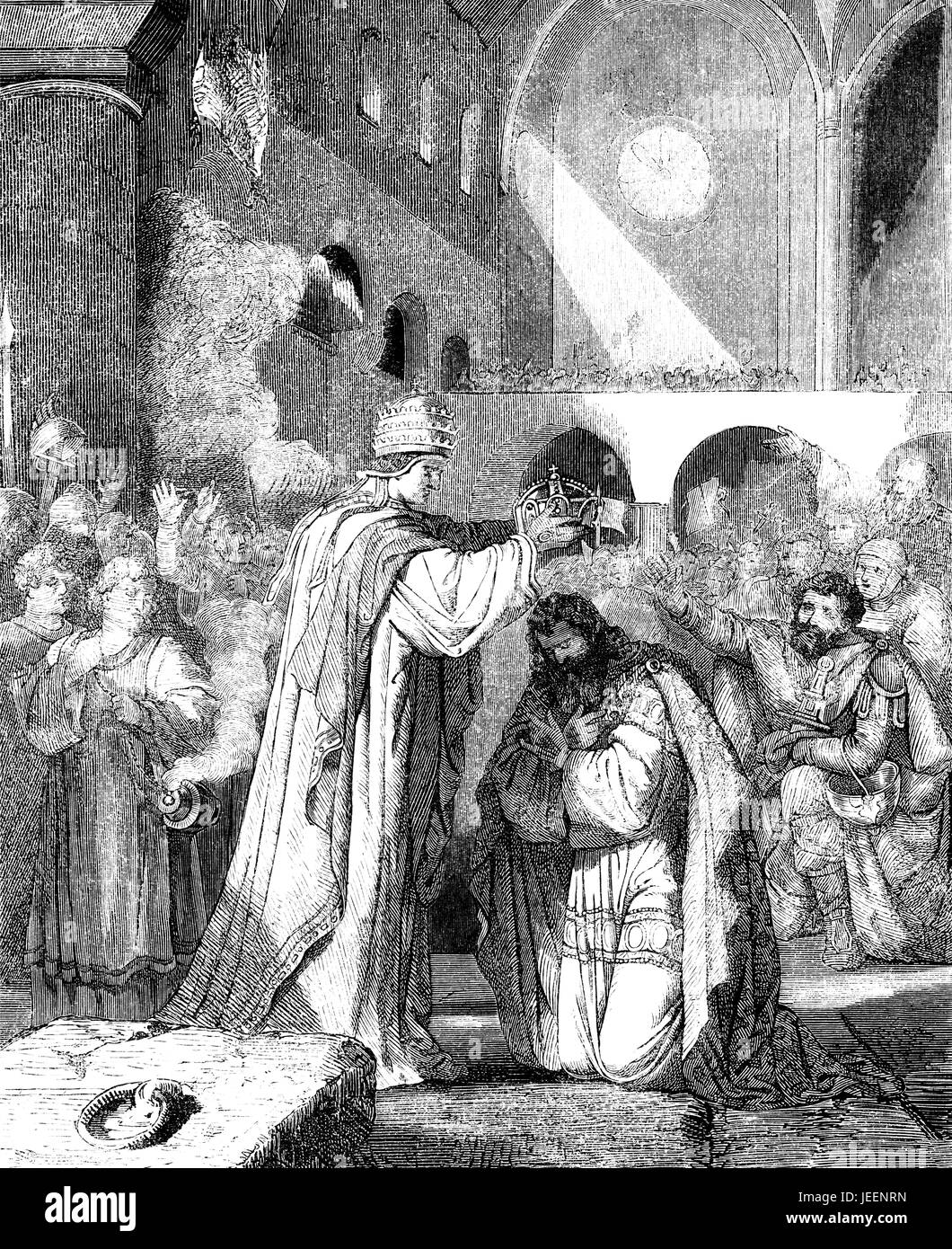 Le Pape saint Léon III couronna Charlemagne Imperator Romanorum, le soir de Noël, 800 Banque D'Images
