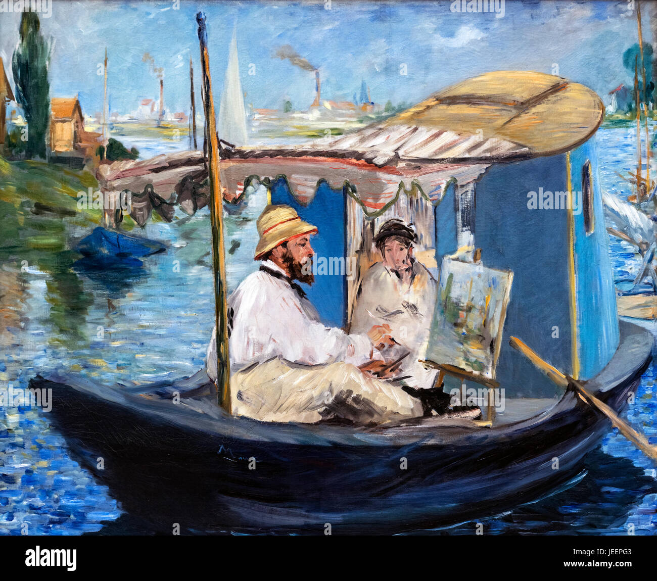 Monet peignant sur son bateau Studio par Edouard Manet (1832-1883). Portrait de l'impressionniste français Claude Monet par Edouard Manet, 1874. Banque D'Images