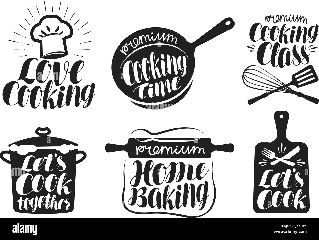 Jeu d'étiquettes de cuisine. Cook, nourriture, manger, pâtisseries maison icône ou logo. Le lettrage, calligraphie vector illustration Illustration de Vecteur
