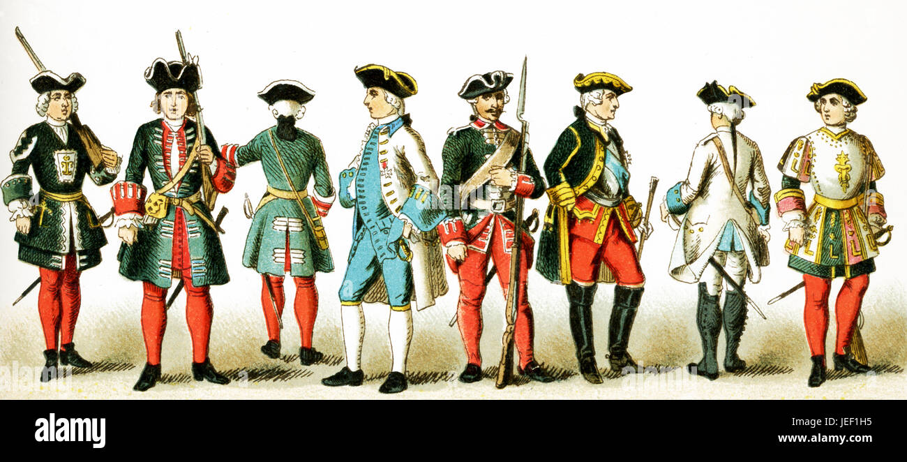 Les chiffres représentés ici sont les Français de 1700 à 1750 après J.-C. Ils sont, de gauche à droite : rangée du haut-palace guard, deux gardes sous Louis XV, officier des gardes, sous Louis XV, général, du régiment de Poitou, dans la garde du palais 177. L'illustration dates à 1882. Banque D'Images