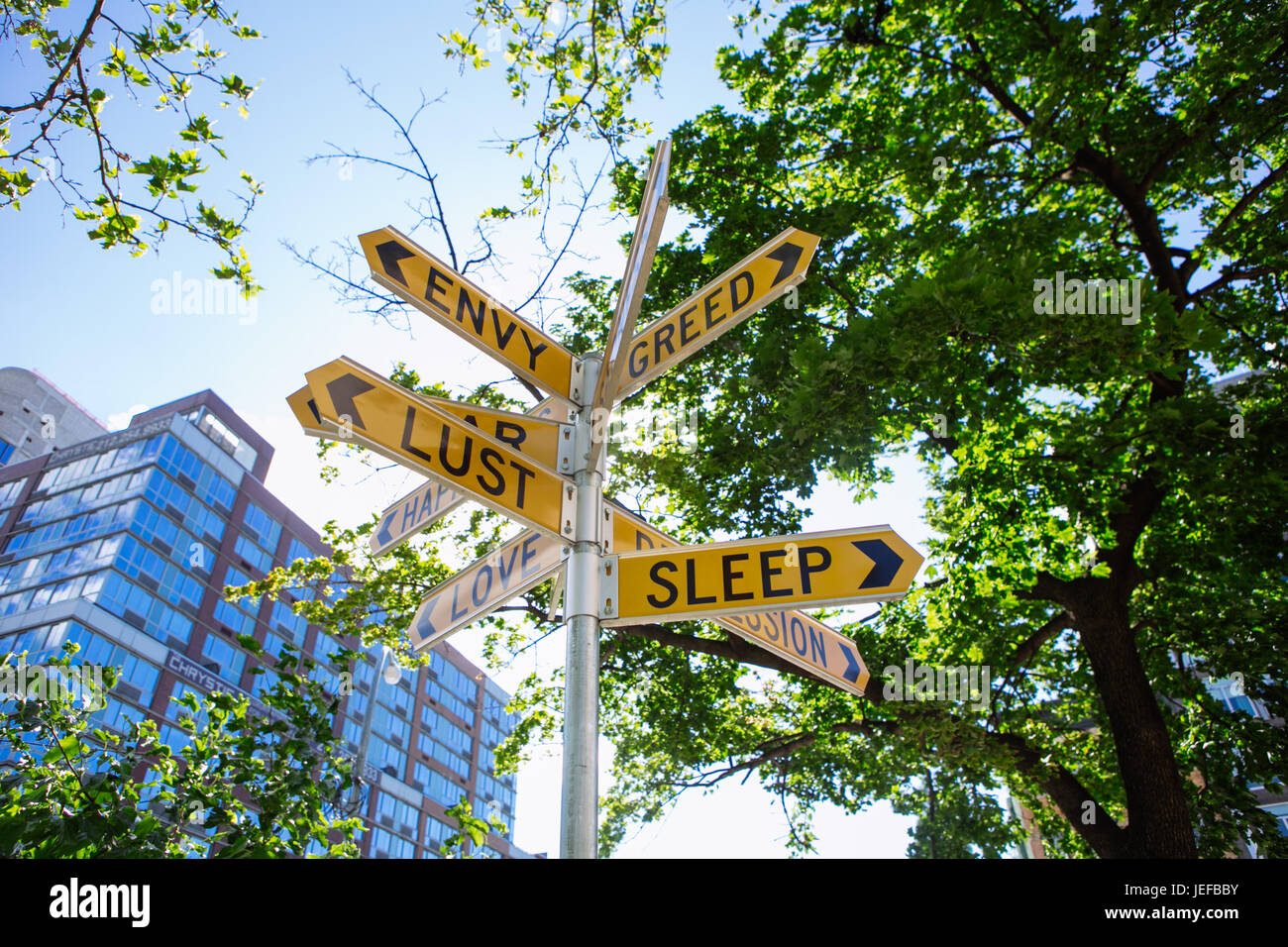 Art Street sign de l'envie, la cupidité, la luxure, le sommeil à Manhattan, New York, USA Banque D'Images