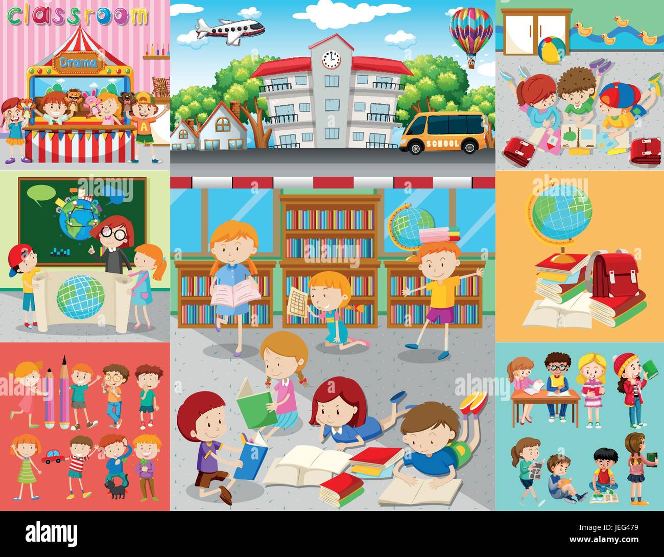 Les différentes scènes avec des enfants à l'école illustration Illustration de Vecteur