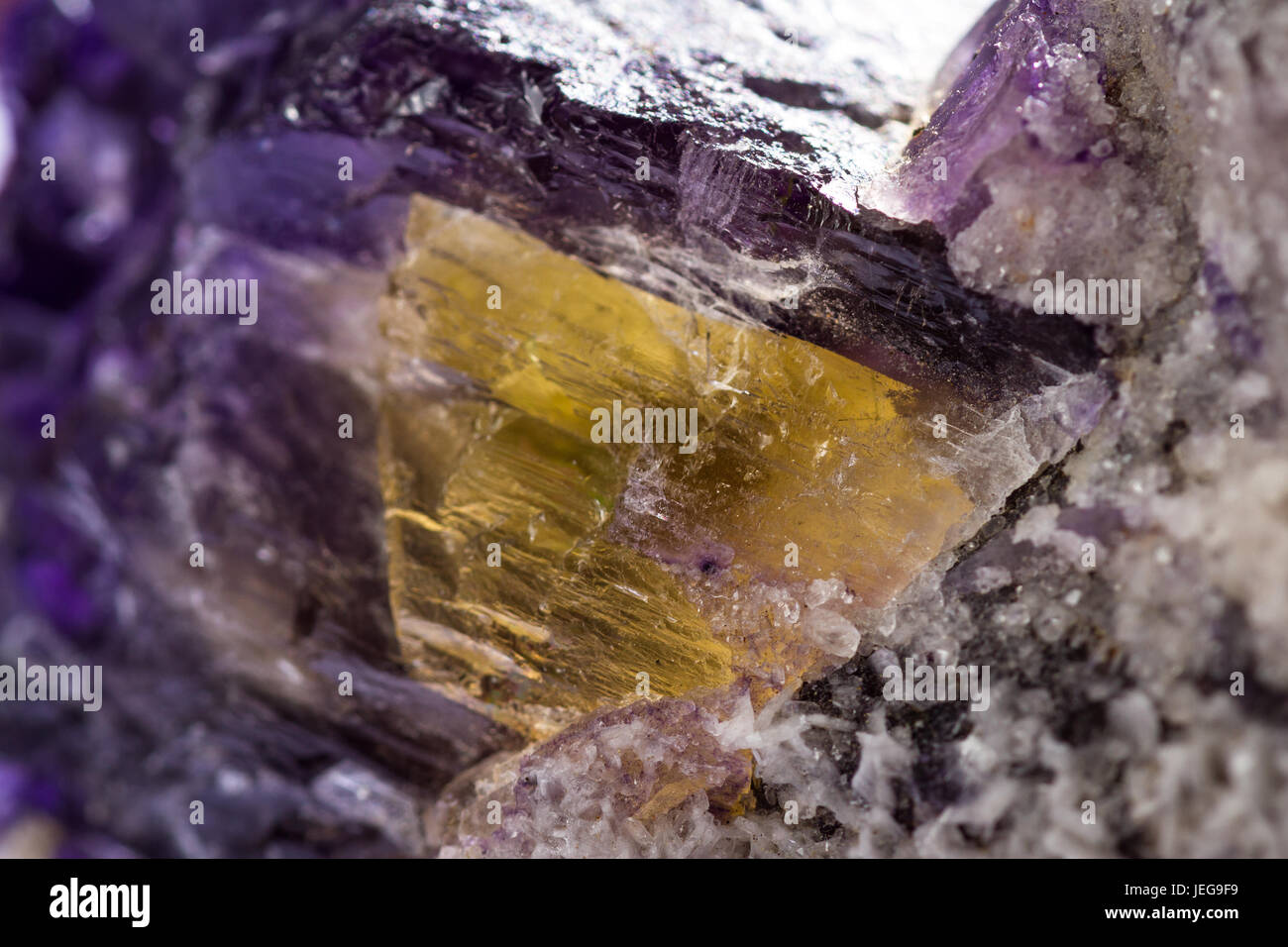 Gros plan d'une fluorite violet pierre avec un patch d'une croissance de cristaux d'or avec elle Banque D'Images