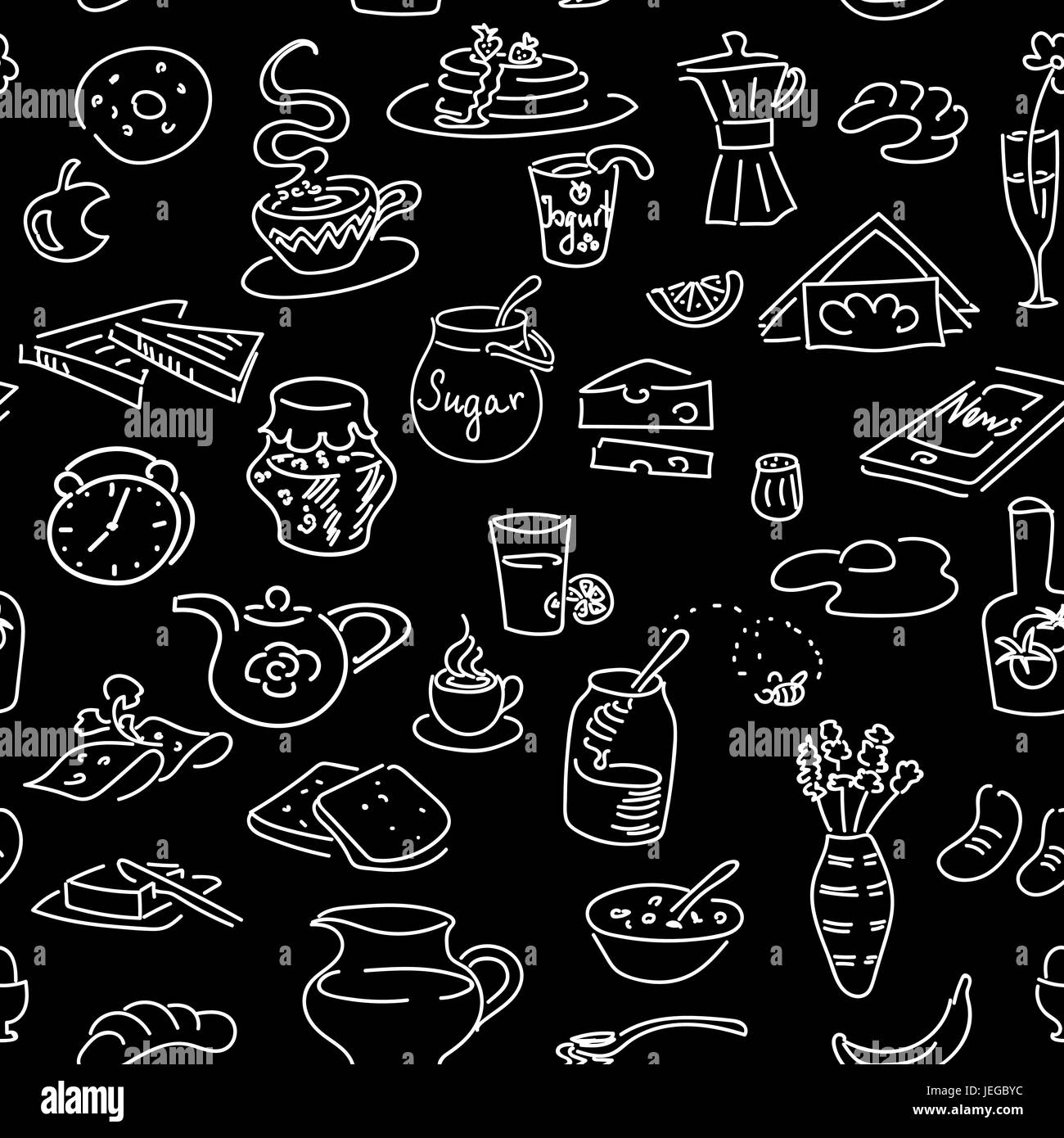 Le petit déjeuner du matin doodle motif transparent sur noir. Tableau style. sketch Illustration de Vecteur