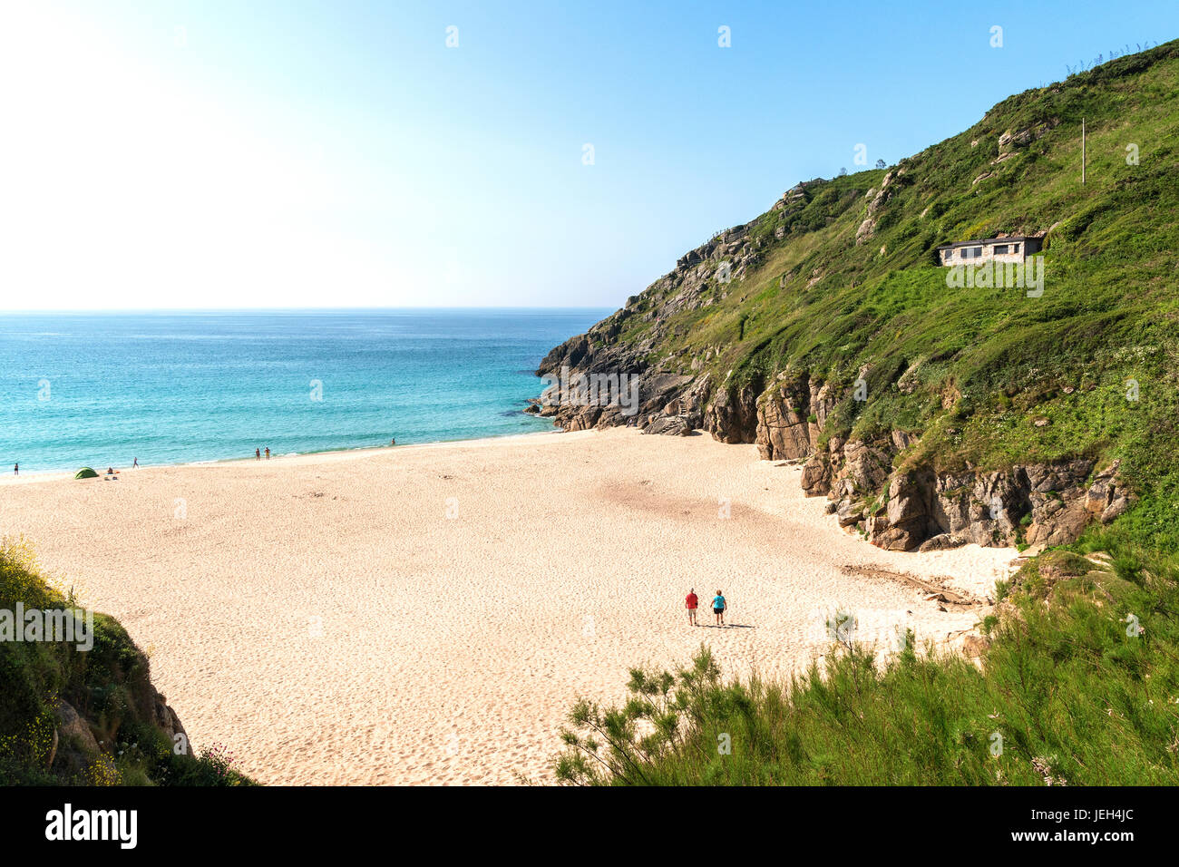 La plage de sable de porthcurno près de Lands End en Cornouailles, Angleterre, britainb, UK. Banque D'Images