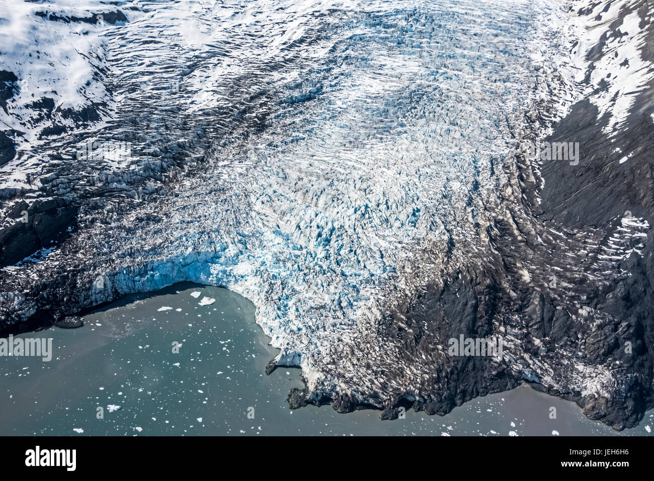 Vue aérienne de l'extrémité de la branche ouest du glacier Columbia, Prince William Sound, le centre-sud de l'Alaska ; Alaska, États-Unis d'Amérique Banque D'Images