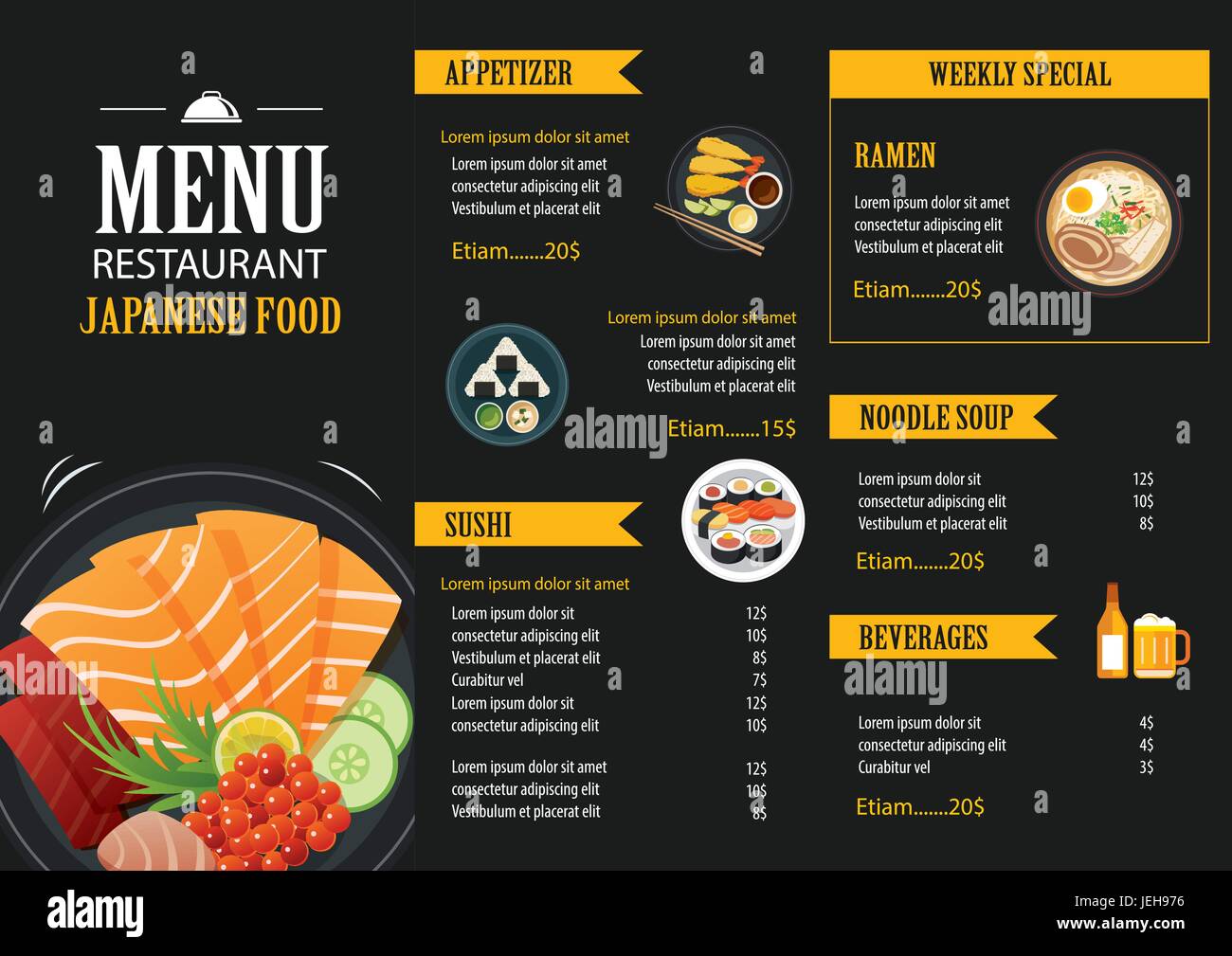 La nourriture japonaise restaurant menu modèle de conception de brochure Illustration de Vecteur