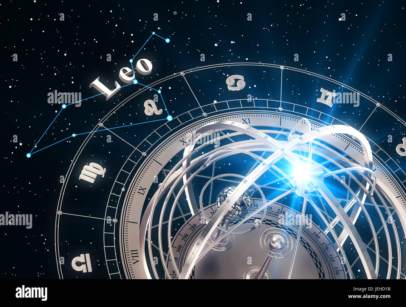 Signe astrologique Lion et sphère armillaire sur fond noir Banque D'Images